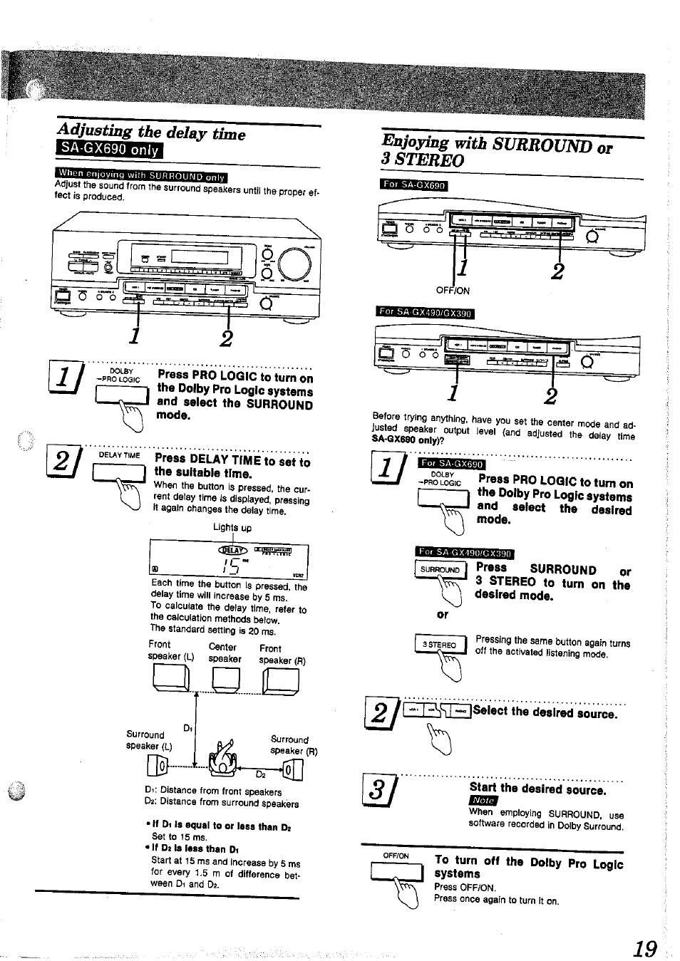 Ff oi is equal to or less than dz, 0^ t, Adjusting the delay time | Enjoying with surround or 3 stereo | Panasonic SAGX690 User Manual | Page 19 / 24