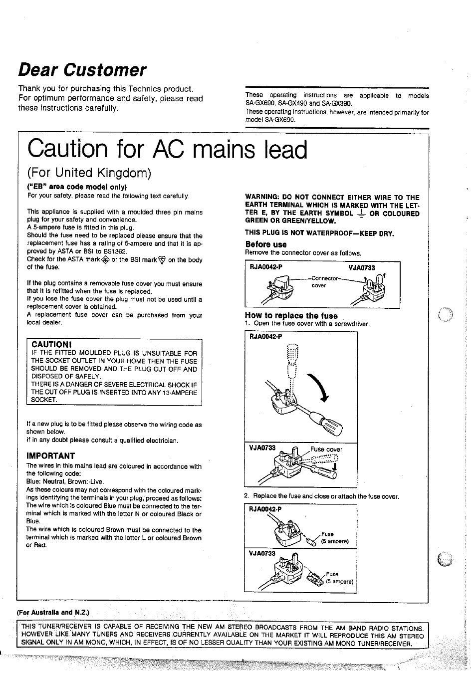 Caution for ac mains iead, Caution, Important | Before use, How to replace the fuse, Dear customer, For united kingdom) | Panasonic SAGX690 User Manual | Page 2 / 24