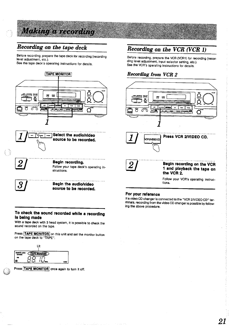 Recording on the tape deck, Recording on the vcr (vcr 1) | Panasonic SAGX690 User Manual | Page 21 / 24