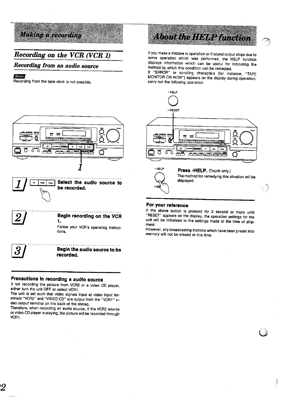 Begin recording on the vcr, For your reference, Begin the audio source to be recorded | Precautions in recording a audio source, About tile help ñmction | Panasonic SAGX690 User Manual | Page 22 / 24