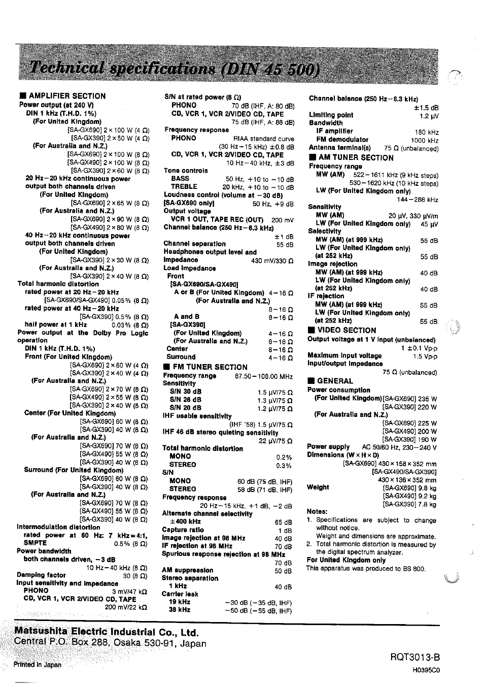 Technical specifications, Cehtrsli; p.b. box, Osaka | Japan, Aììkimlìm, Miat^ushi^ pectric industrial co., ltd | Panasonic SAGX690 User Manual | Page 24 / 24