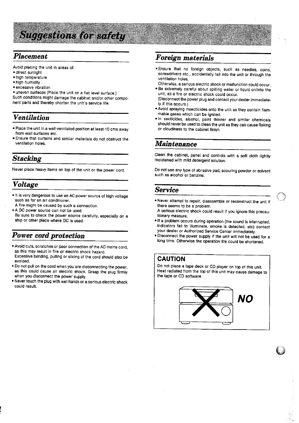 Suggestions for safety, Service, Caution | Panasonic SAGX690 User Manual | Page 4 / 24