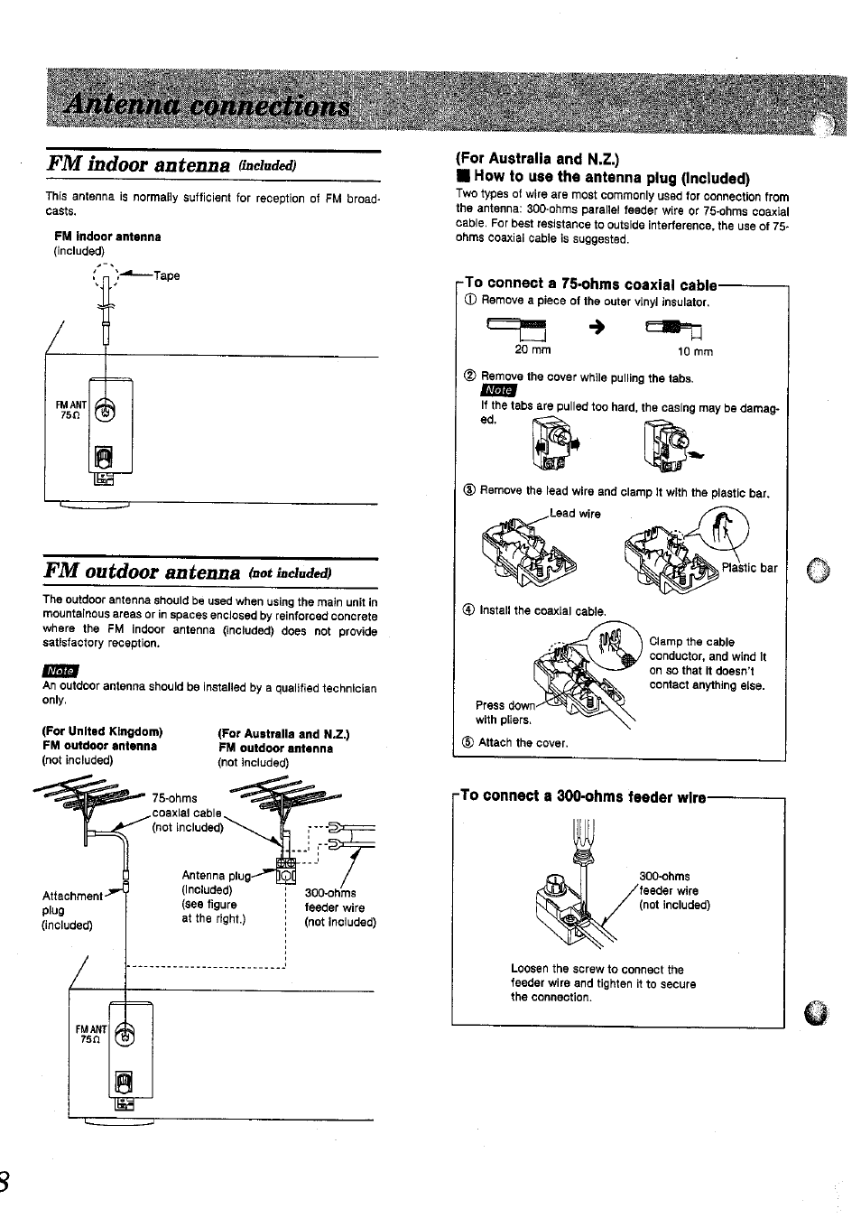 Fm indoor antenna, For australia and n.z.), M how to use the antenna plug (included) | To connect a 75*ohms coaxial cable | Panasonic SAGX690 User Manual | Page 8 / 24