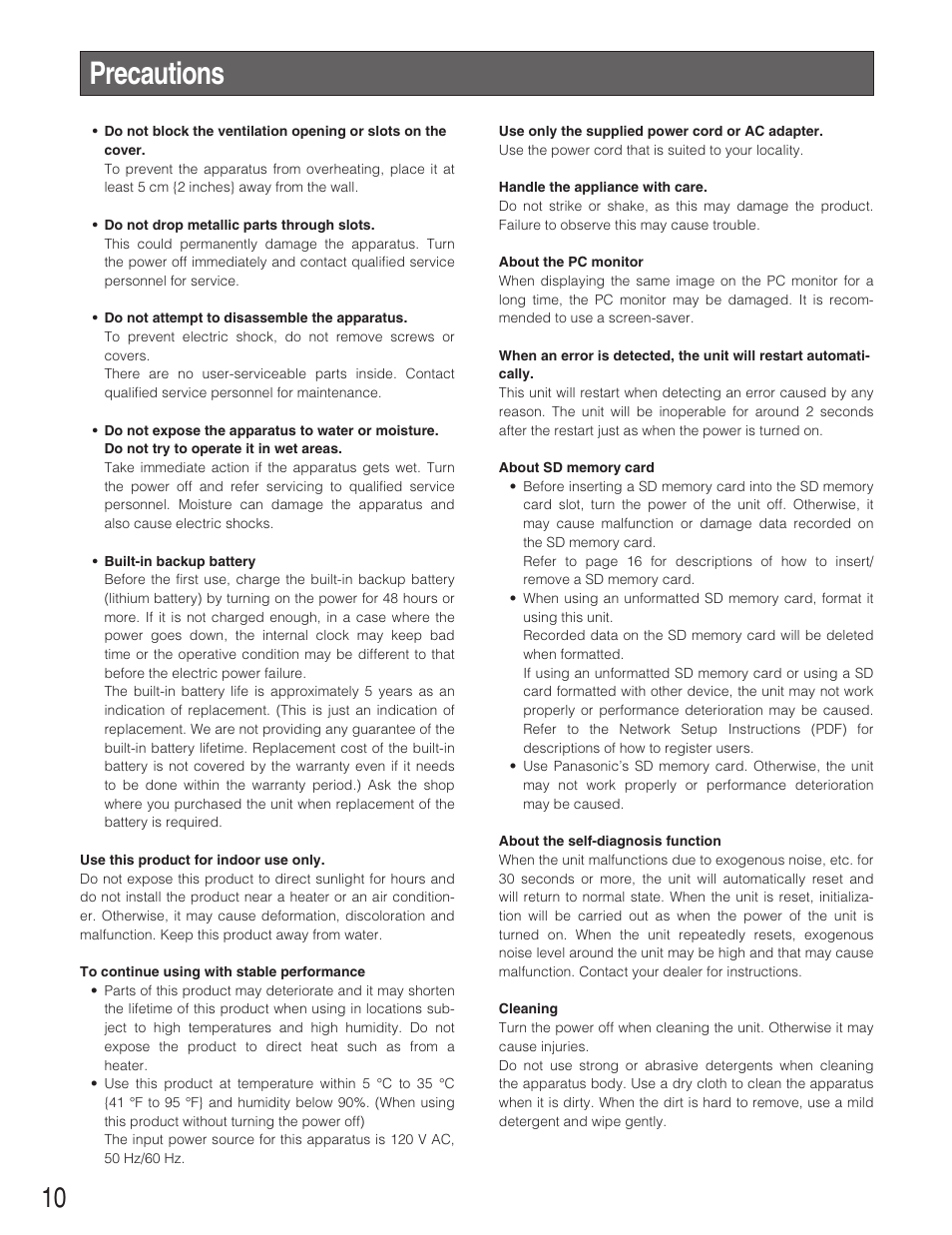 Precautions | Panasonic WJ-NT304 User Manual | Page 10 / 20