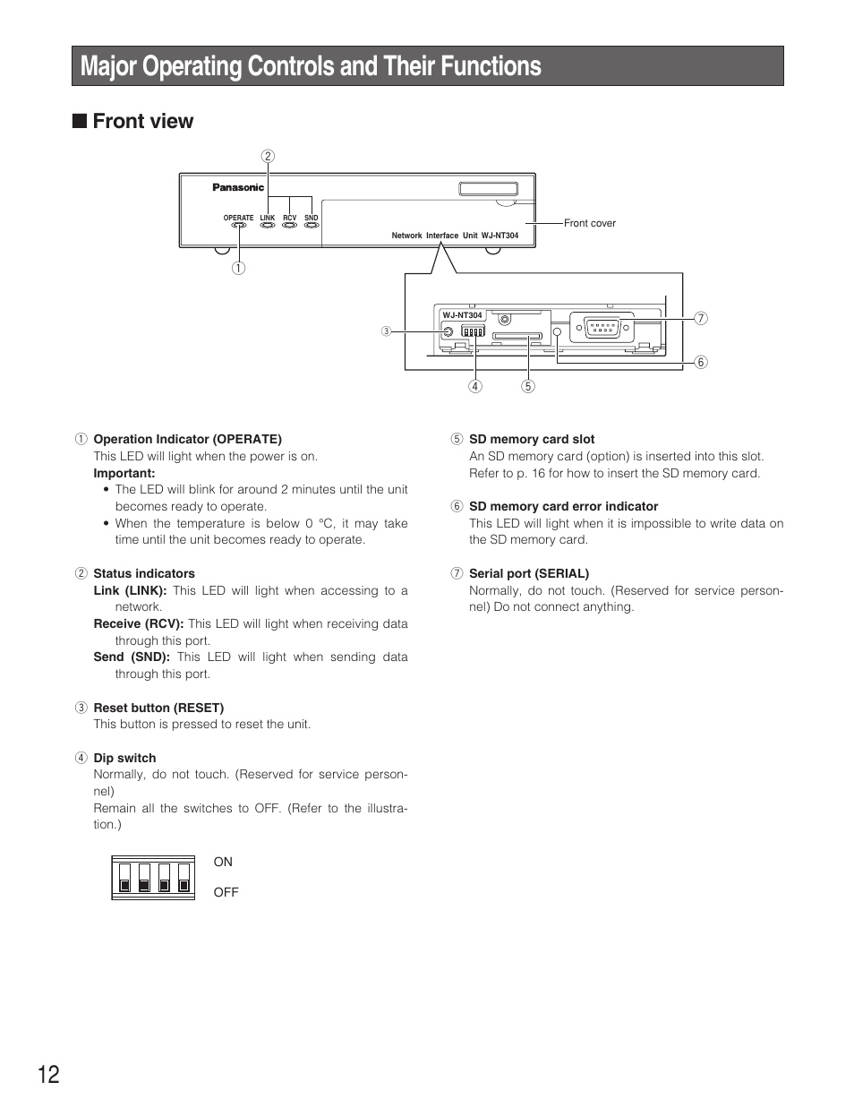 Major operating controls and their functions, Front view | Panasonic WJ-NT304 User Manual | Page 12 / 20