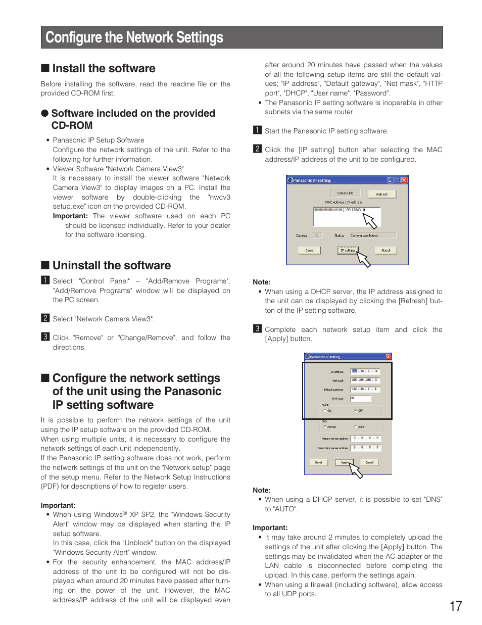Configure the network settings, Install the software, Uninstall the software | Software included on the provided cd-rom | Panasonic WJ-NT304 User Manual | Page 17 / 20