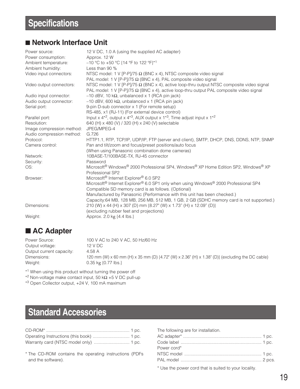 Specifications, Standard accessories, Network interface unit | Ac adapter | Panasonic WJ-NT304 User Manual | Page 19 / 20