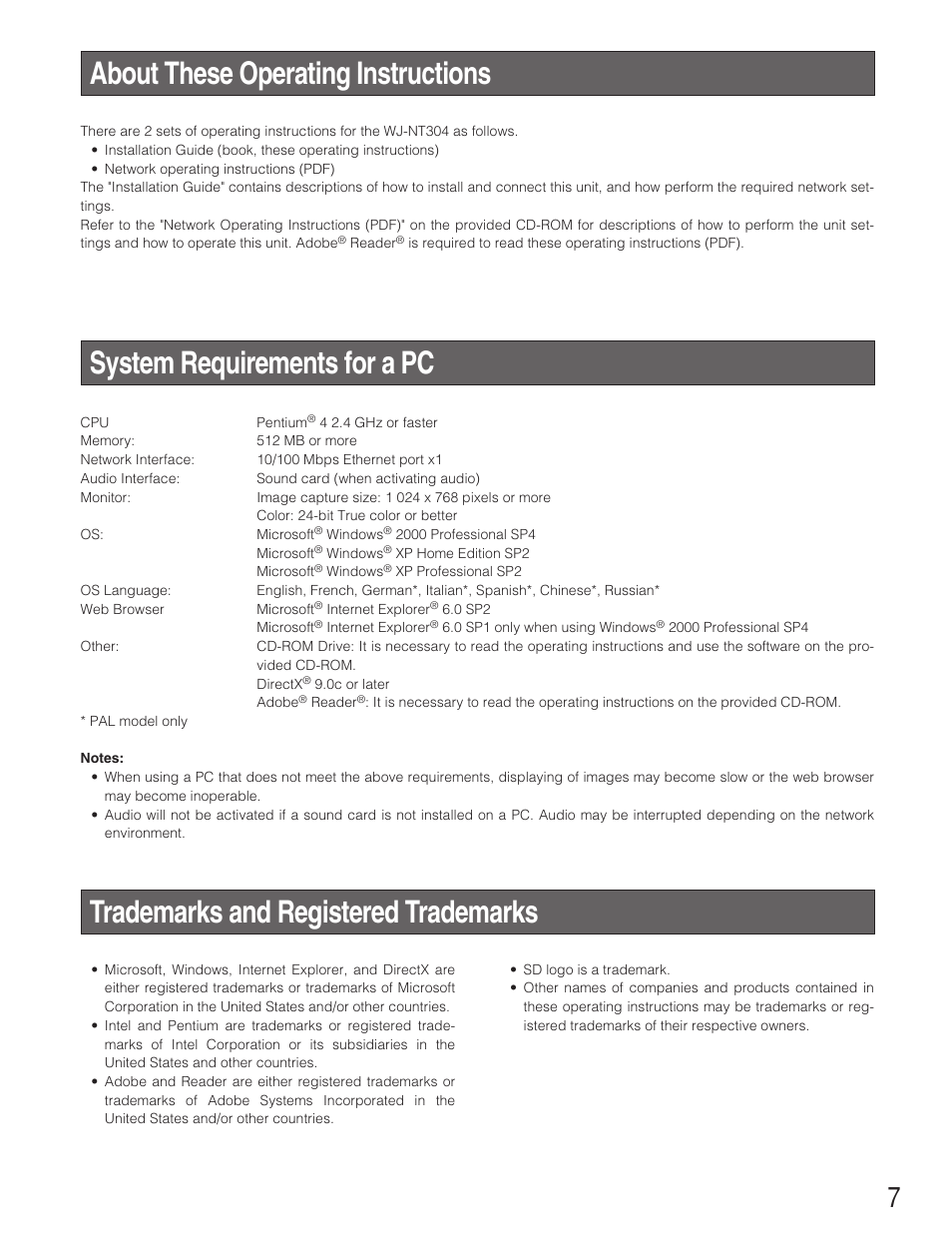 About these operating instructions, System requirements for a pc, Trademarks and registered trademarks | Panasonic WJ-NT304 User Manual | Page 7 / 20