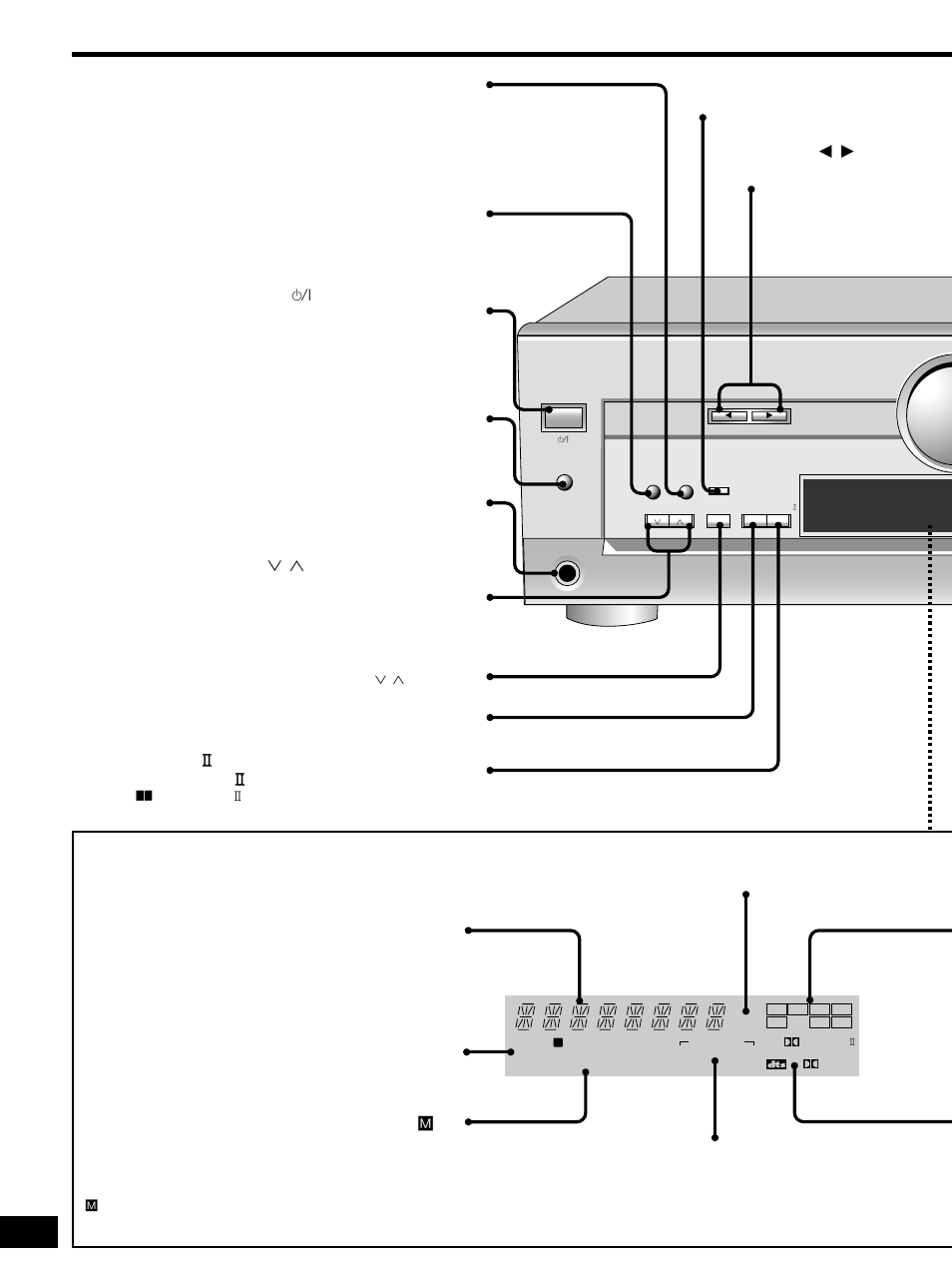 Control guide, The display, Standby/on button [power, 8 | Speaker on/off button [speakers, Help/reset button [-help, –reset, Sfc mode select buttons [sfc mode, w , q, Headphone jack [phones, Tuning buttons [tuning, 2 , 1, Preset channel button [preset, Band select/fm mode select button [-band, –fm mode | Panasonic SA-HE70 User Manual | Page 12 / 20