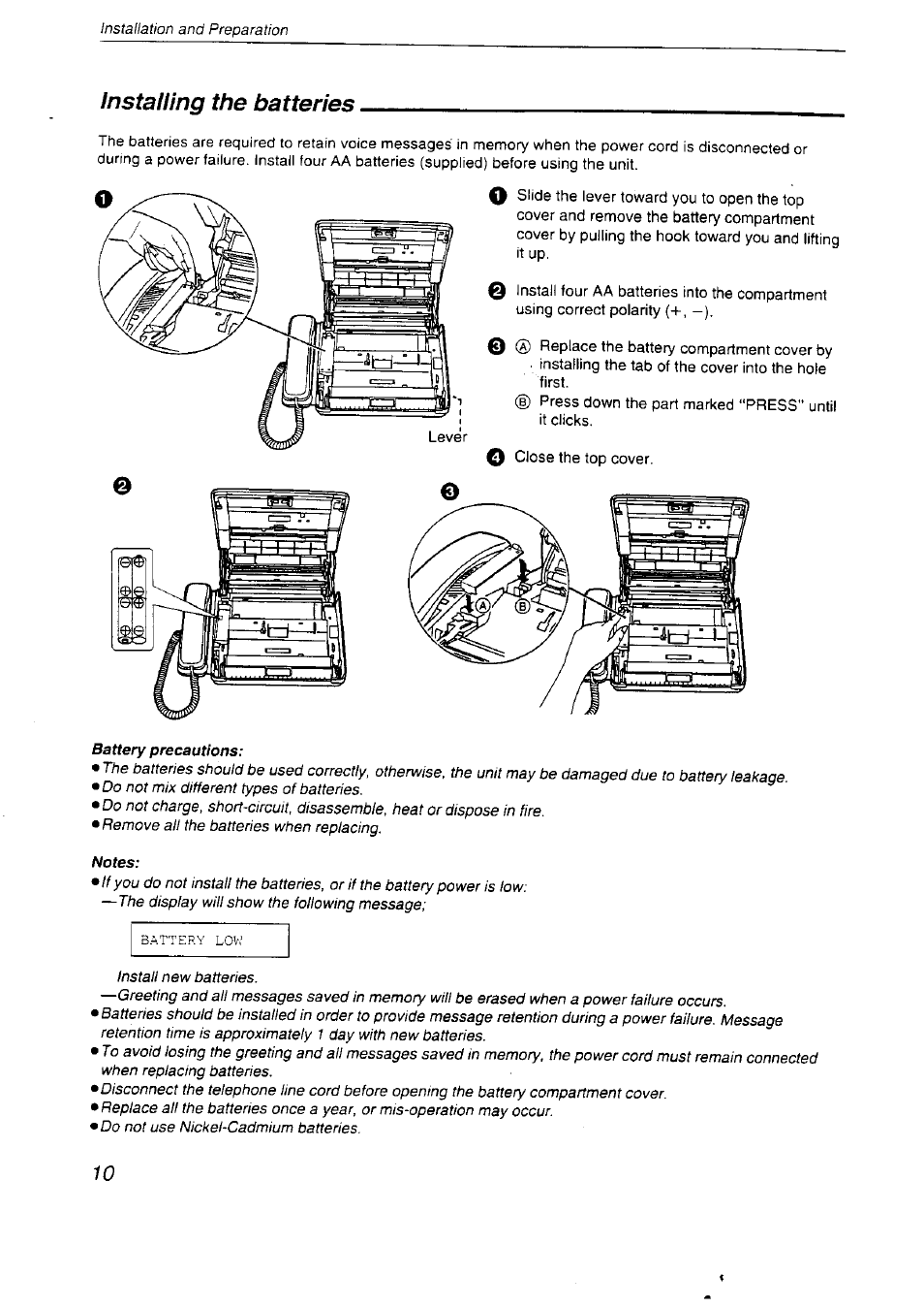 Installing the batteries | Panasonic KX-F2710NZ User Manual | Page 10 / 82