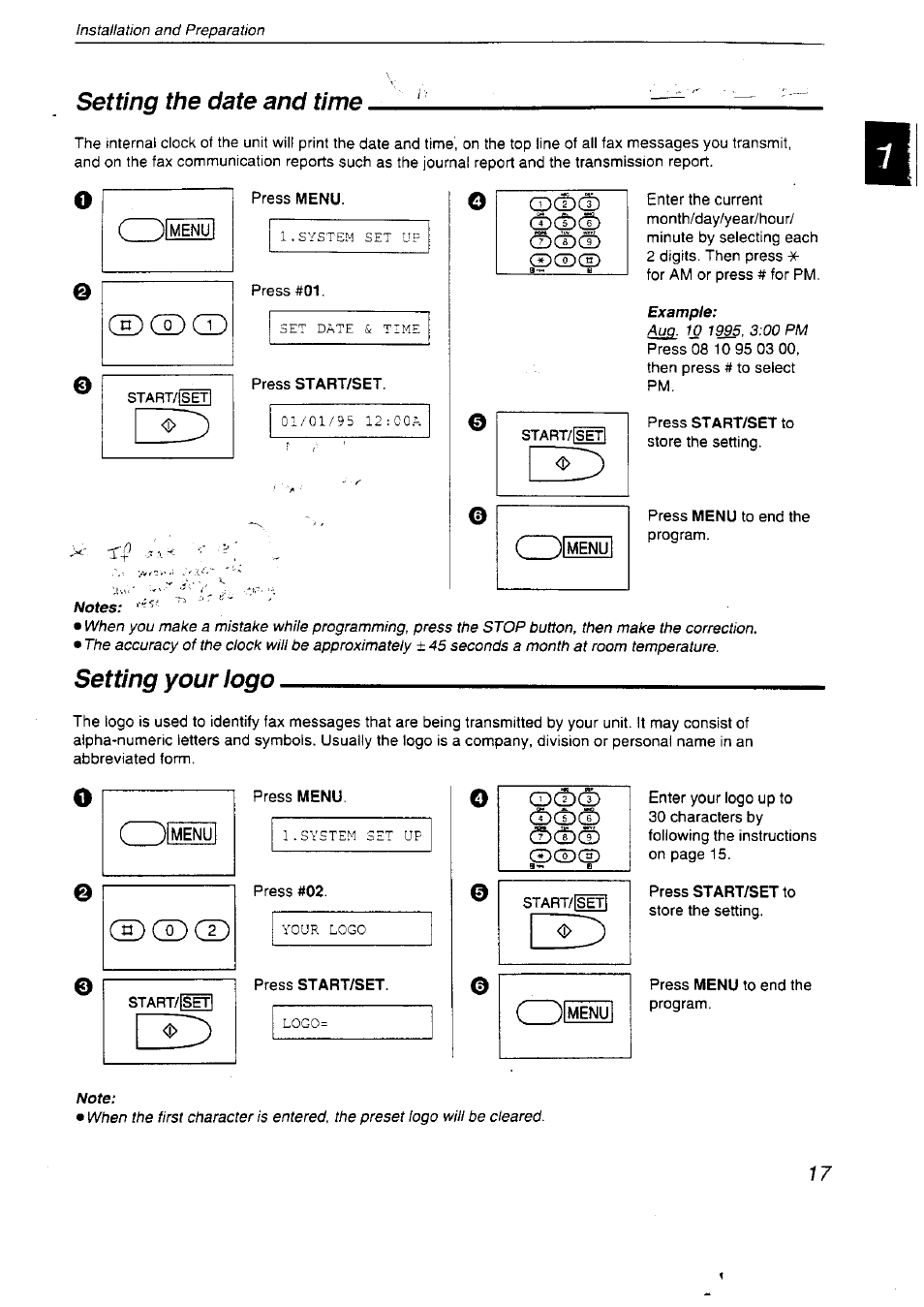 Сюоз, Cdcd, Setting the date and time | Setting your logo | Panasonic KX-F2710NZ User Manual | Page 17 / 82