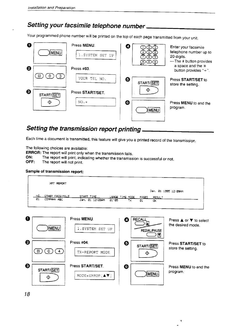 Sample of transmission report, Cdcdcx), Setting your facsimile telephone number | Setting the transmission report printing | Panasonic KX-F2710NZ User Manual | Page 18 / 82