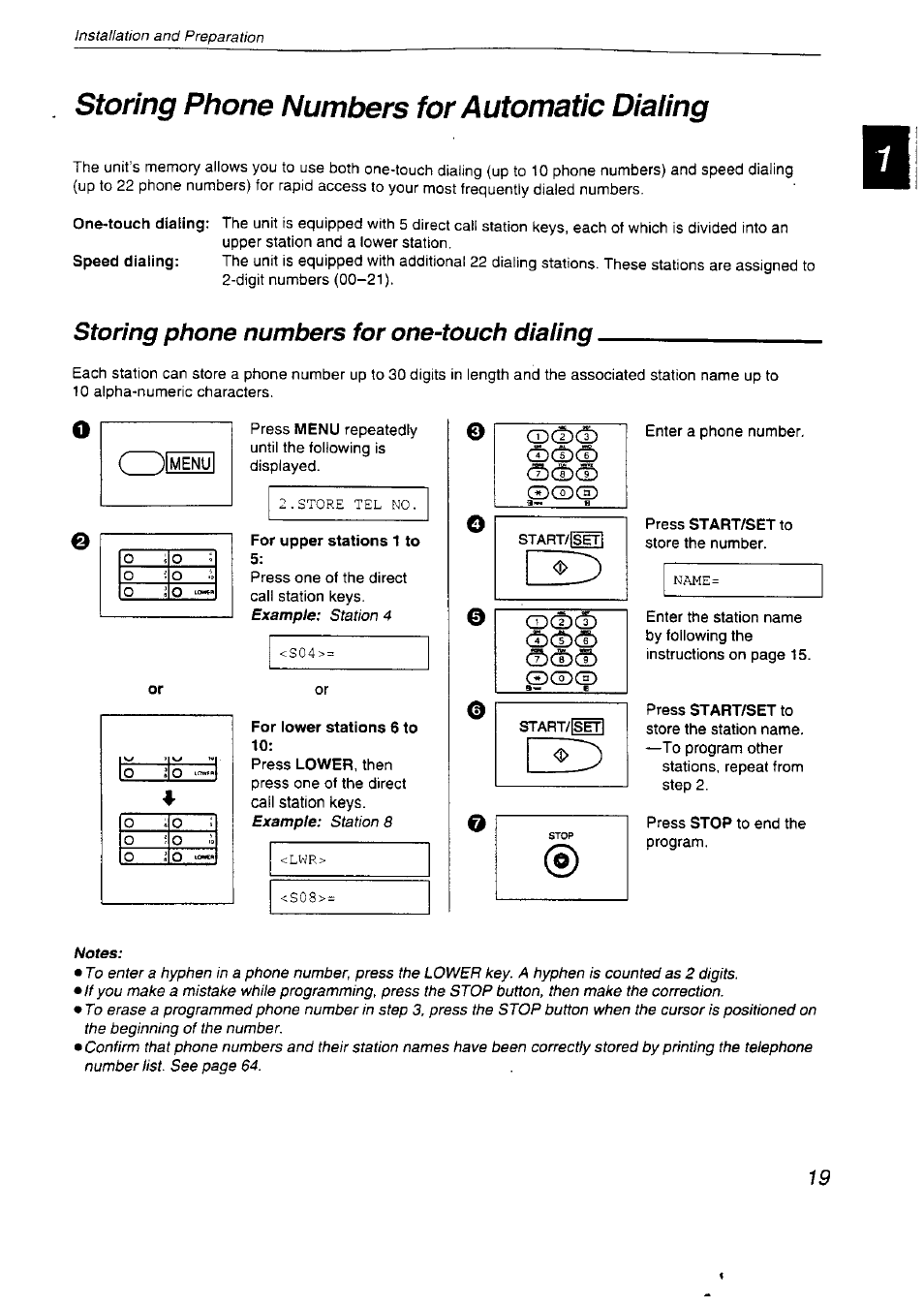 Storing phone numbers for automatic dialing, For lower stations 6 to 10, Storing phone numbers for automatic | Dialing, Storing phone numbers for one-touch dialing | Panasonic KX-F2710NZ User Manual | Page 19 / 82