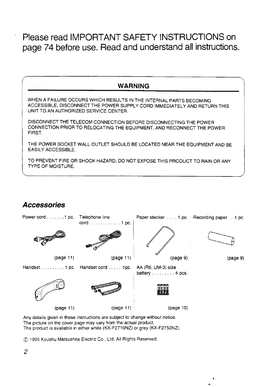 Warning, Accessories | Panasonic KX-F2710NZ User Manual | Page 2 / 82