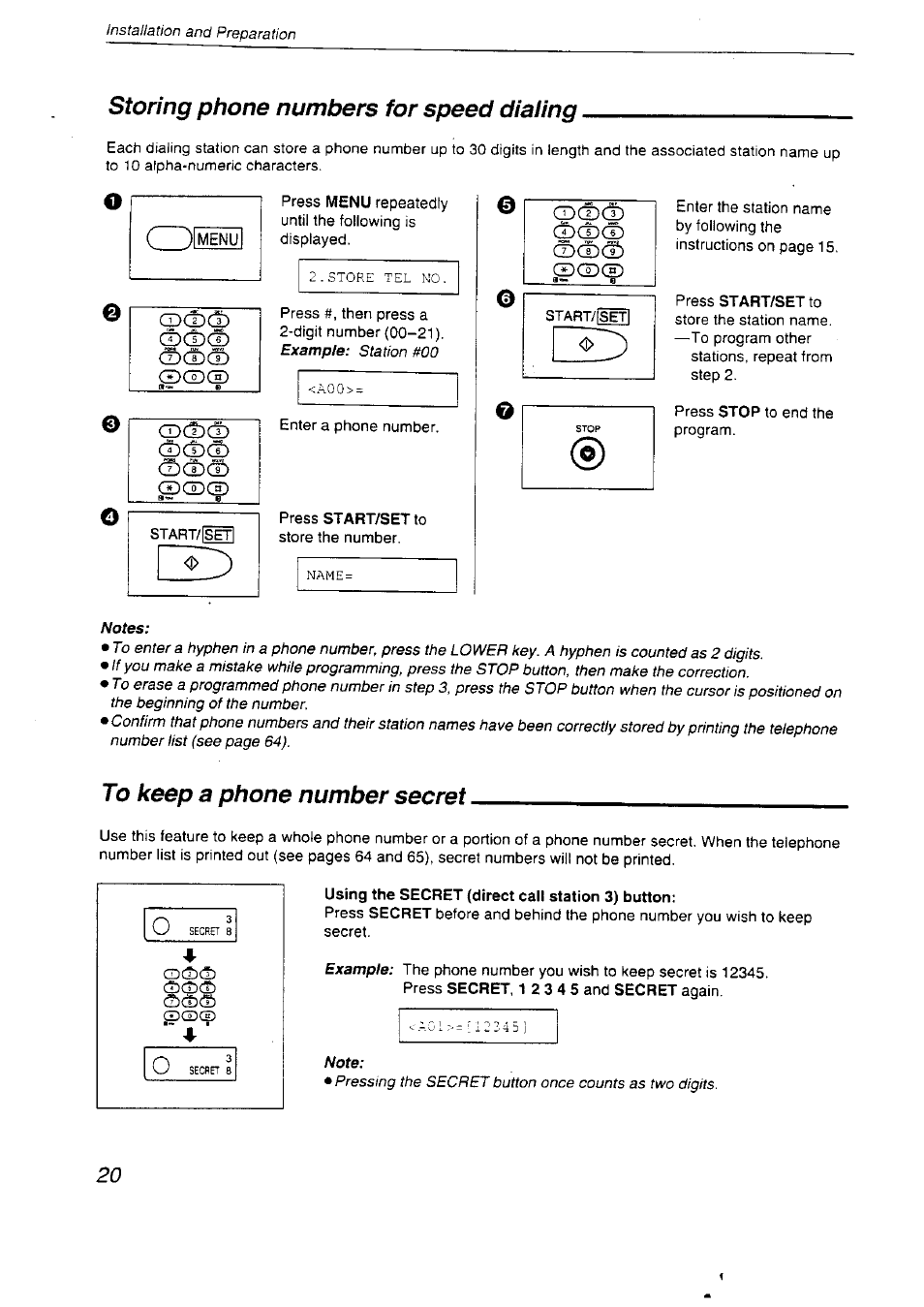 Using the secret (direct call station 3) button, Storing phone numbers for speed dialing | Panasonic KX-F2710NZ User Manual | Page 20 / 82