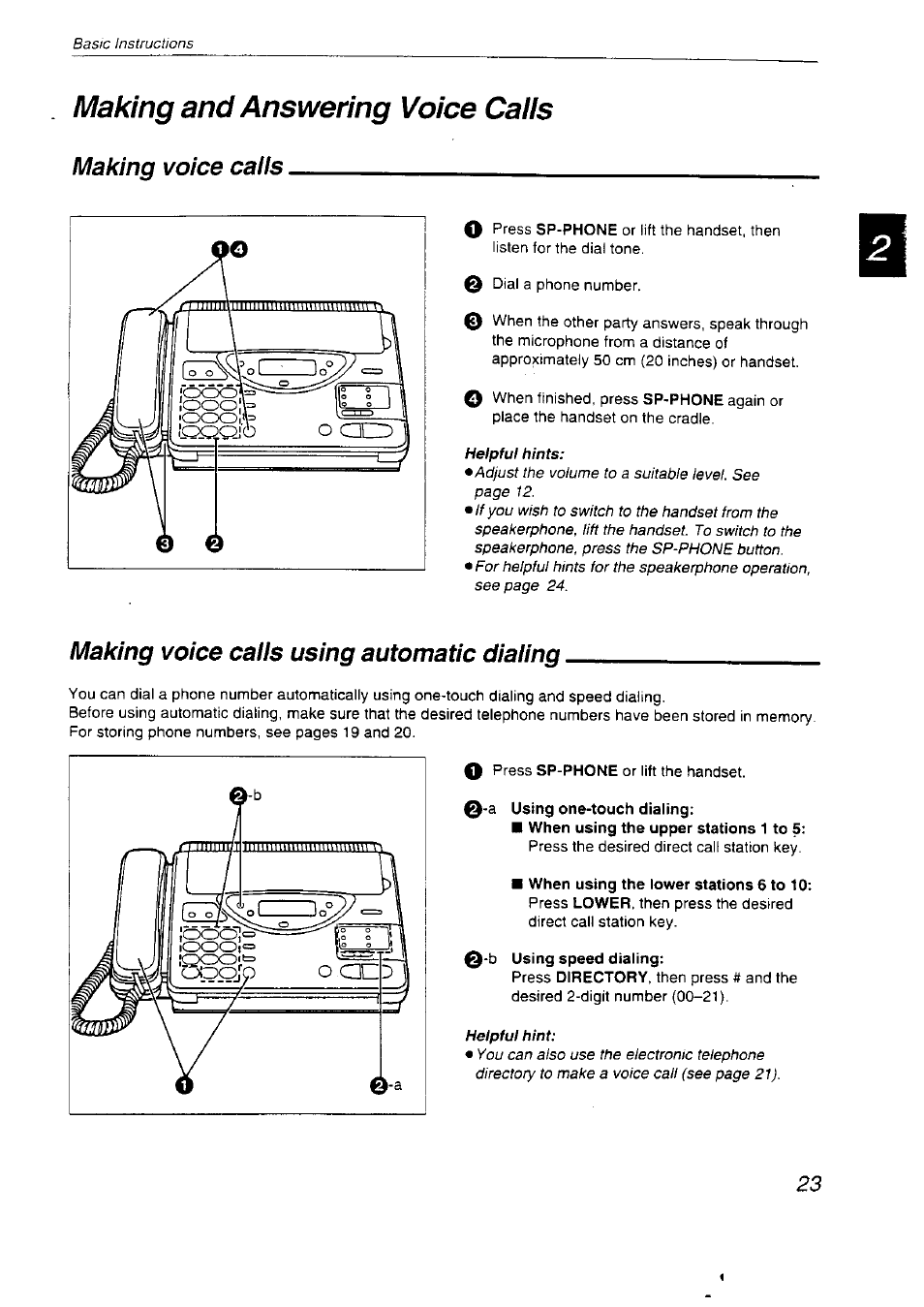 Making and answering voice caiis, A using one-touch dialing, B using speed dialing | Making and answering voice calls, Making voice caiis, Making voice calls using automatic dialing | Panasonic KX-F2710NZ User Manual | Page 23 / 82