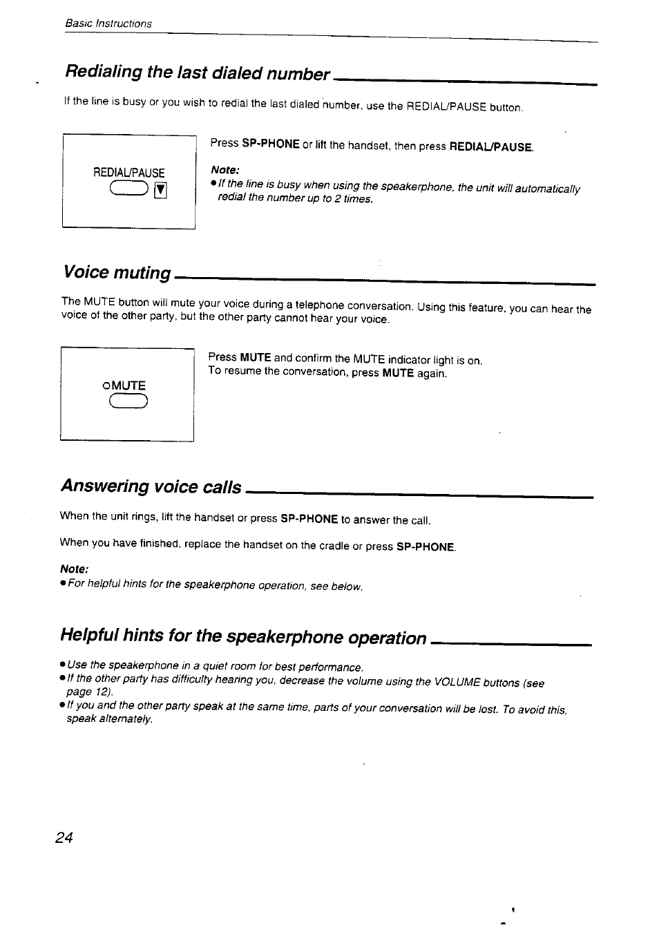 Cz)s, Redialing the last dialed number, Voice muting | Answering voice calls, Helpful hints for the speakerphone operation | Panasonic KX-F2710NZ User Manual | Page 24 / 82