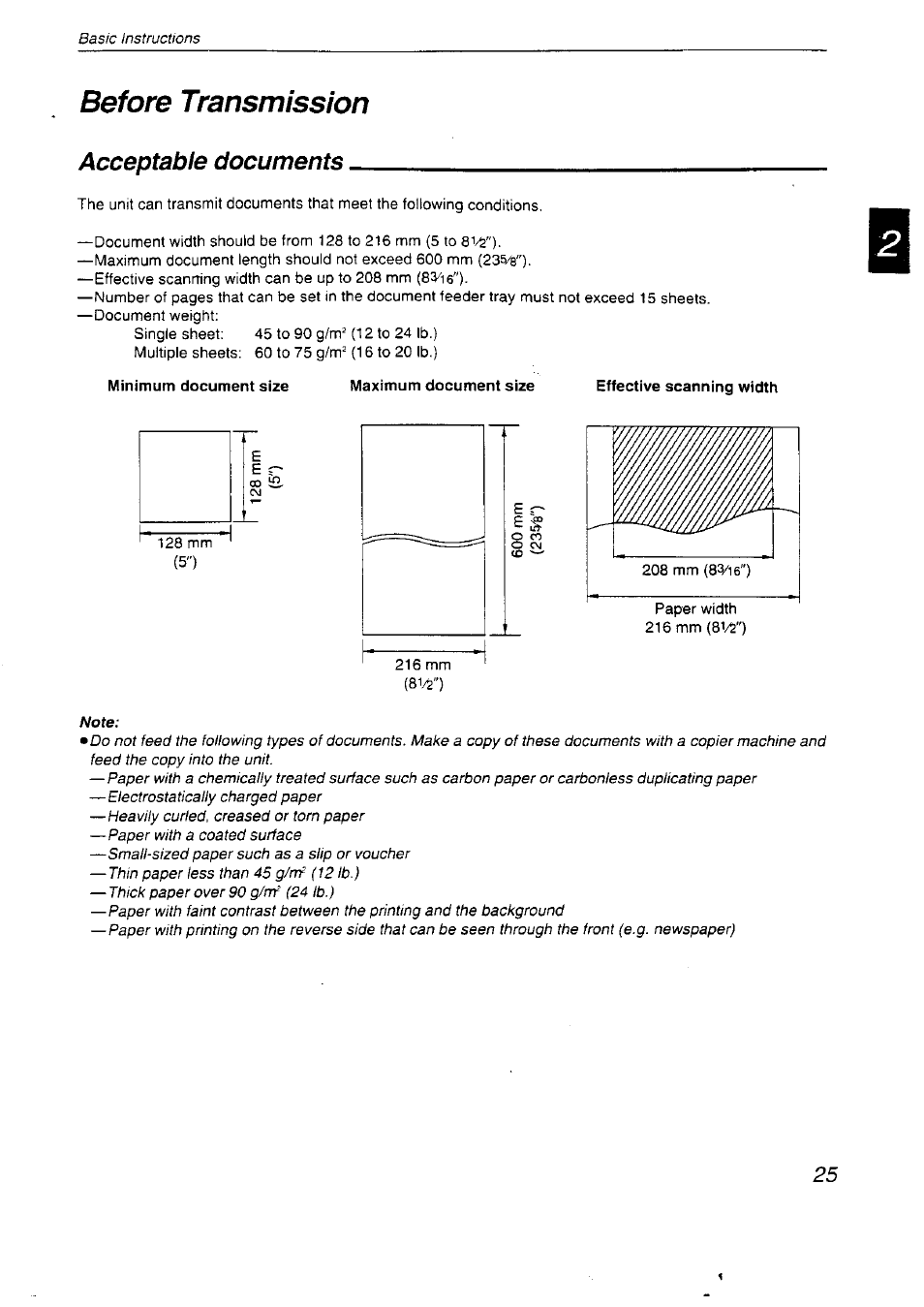 Before transmission, Minimum document size, Maximum document size | Acceptable documents | Panasonic KX-F2710NZ User Manual | Page 25 / 82
