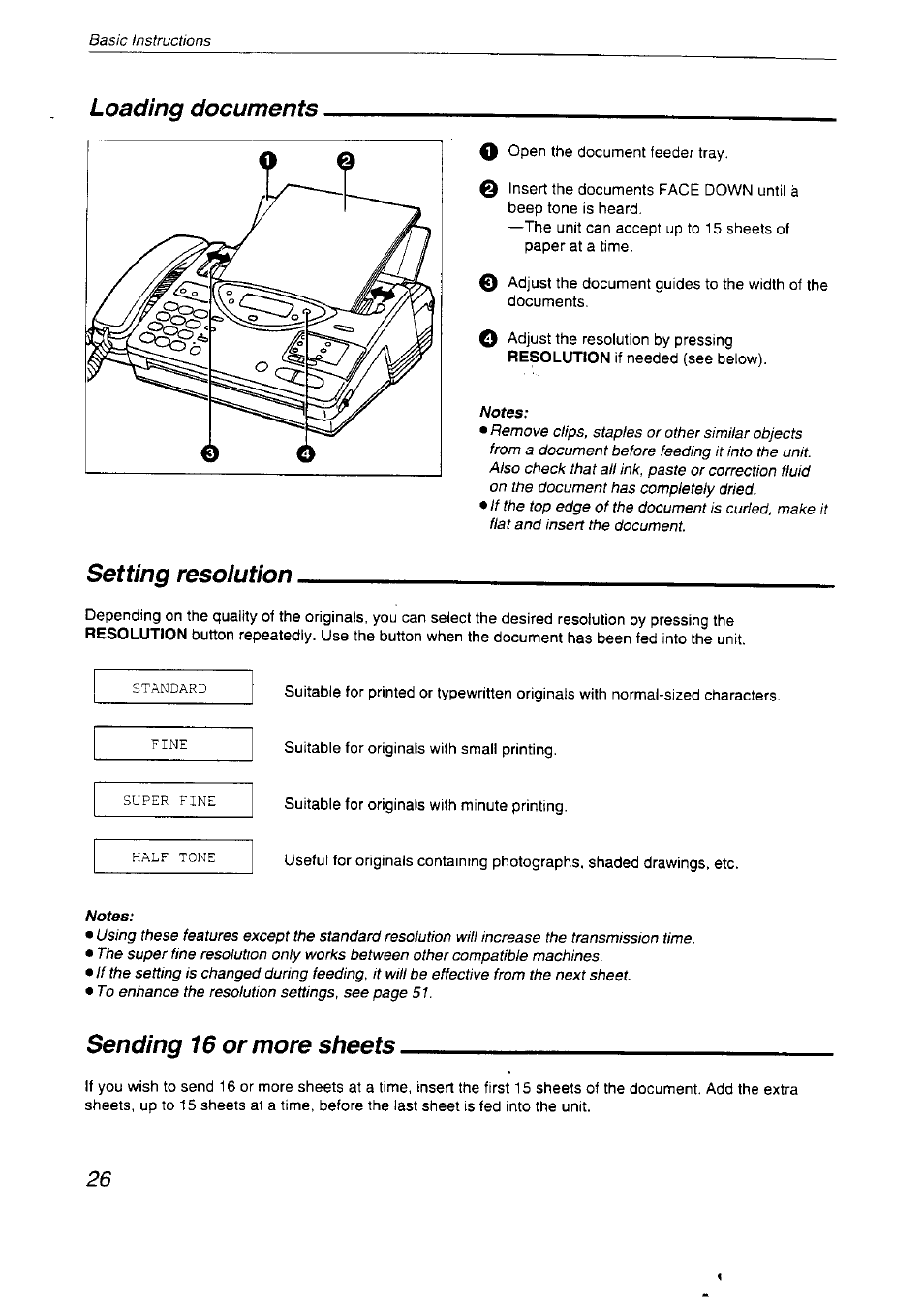 Loading documents, Setting resolution, Sending 16 or more sheets | Panasonic KX-F2710NZ User Manual | Page 26 / 82