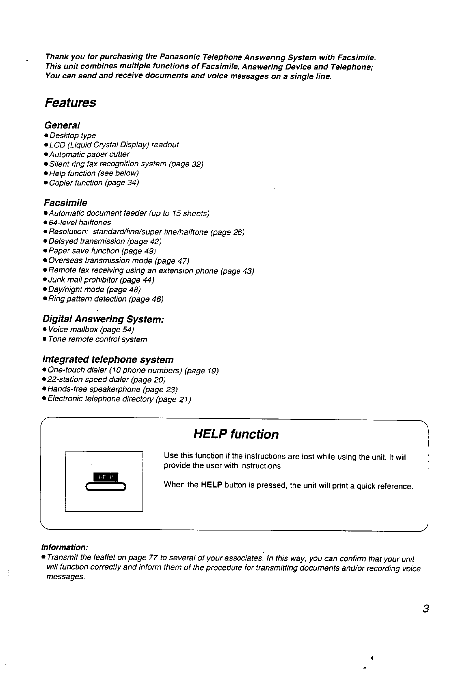 General, Facsimile, Digital answering system | Integrated telephone system, Features, Help function | Panasonic KX-F2710NZ User Manual | Page 3 / 82