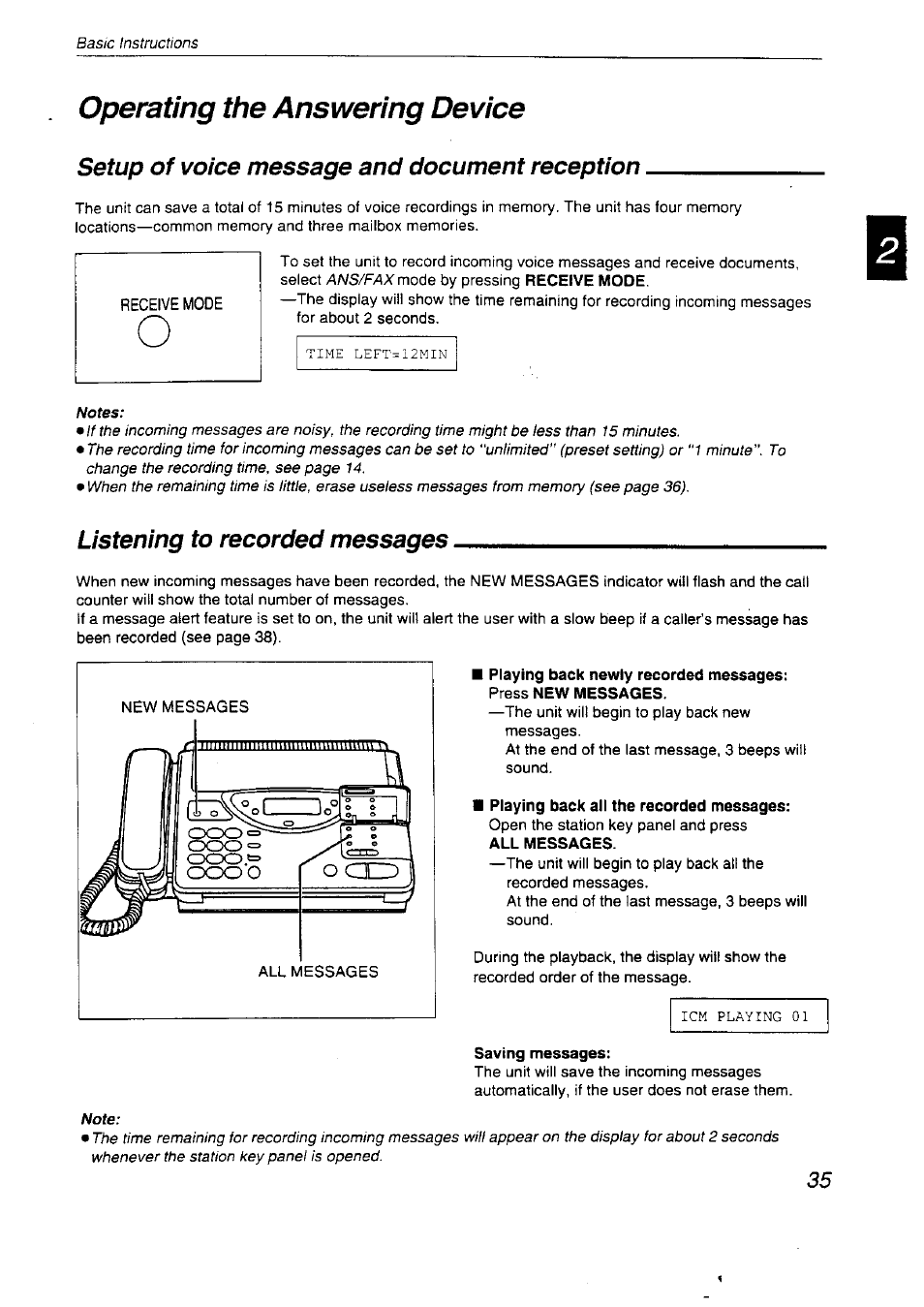 Operating the answering device, Playing back all the recorded messages, Saving messages | Setup of voice message and document reception, Listening to recorded messages | Panasonic KX-F2710NZ User Manual | Page 35 / 82