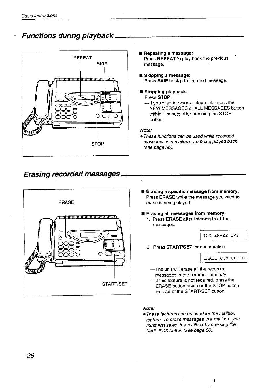 Repeating a message, Skipping a message, Stopping playback | Erasing all messages from memory, Functions during playback, Erasing recorded messages | Panasonic KX-F2710NZ User Manual | Page 36 / 82