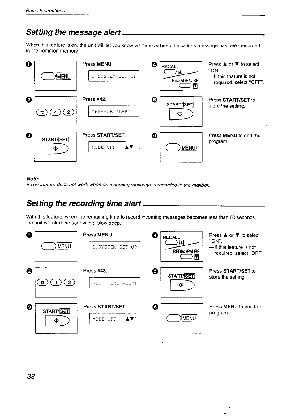 Setting the message alert, Setting the recording time alert | Panasonic KX-F2710NZ User Manual | Page 38 / 82