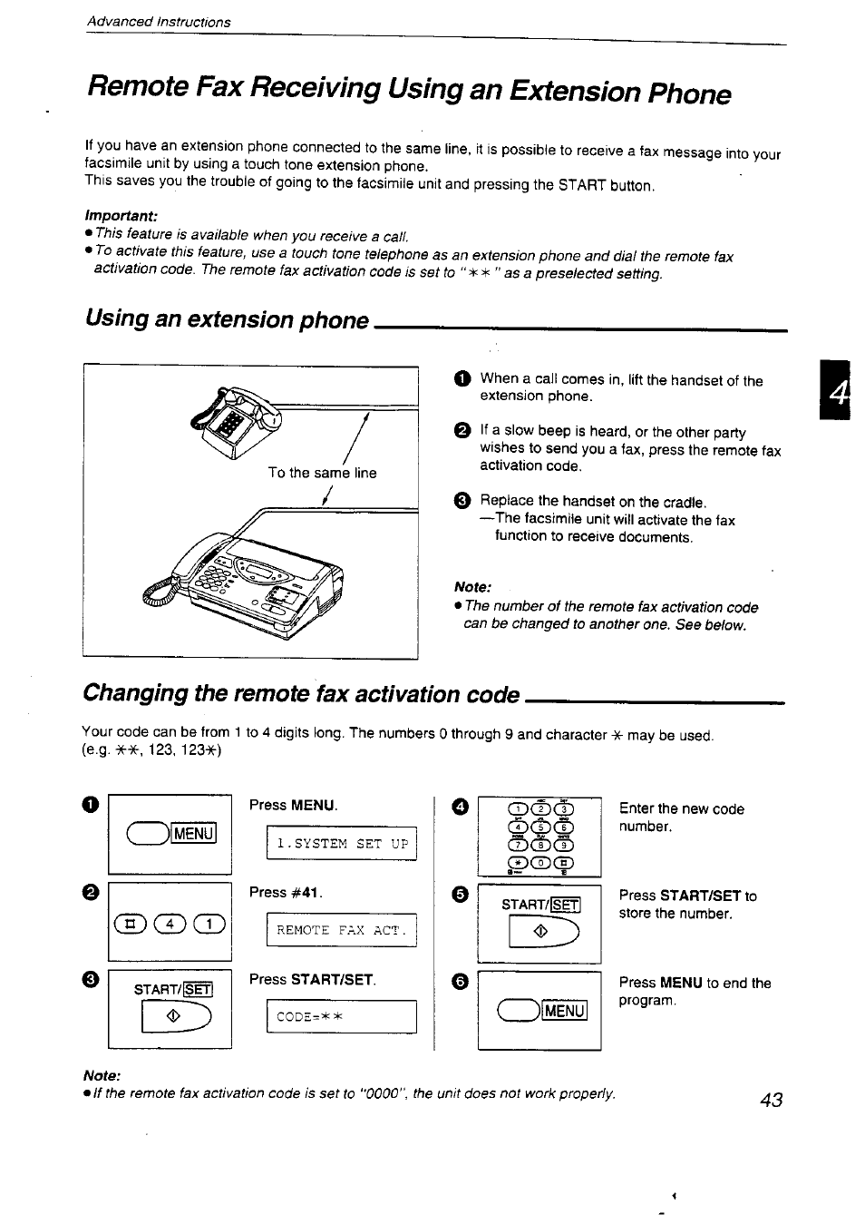 Remote fax receiving using an extension phone, Menu, Remote fax receiving using an extension | Phone, Cd cd cd o, Using an extension phone, Changing the remote fax activation code | Panasonic KX-F2710NZ User Manual | Page 43 / 82