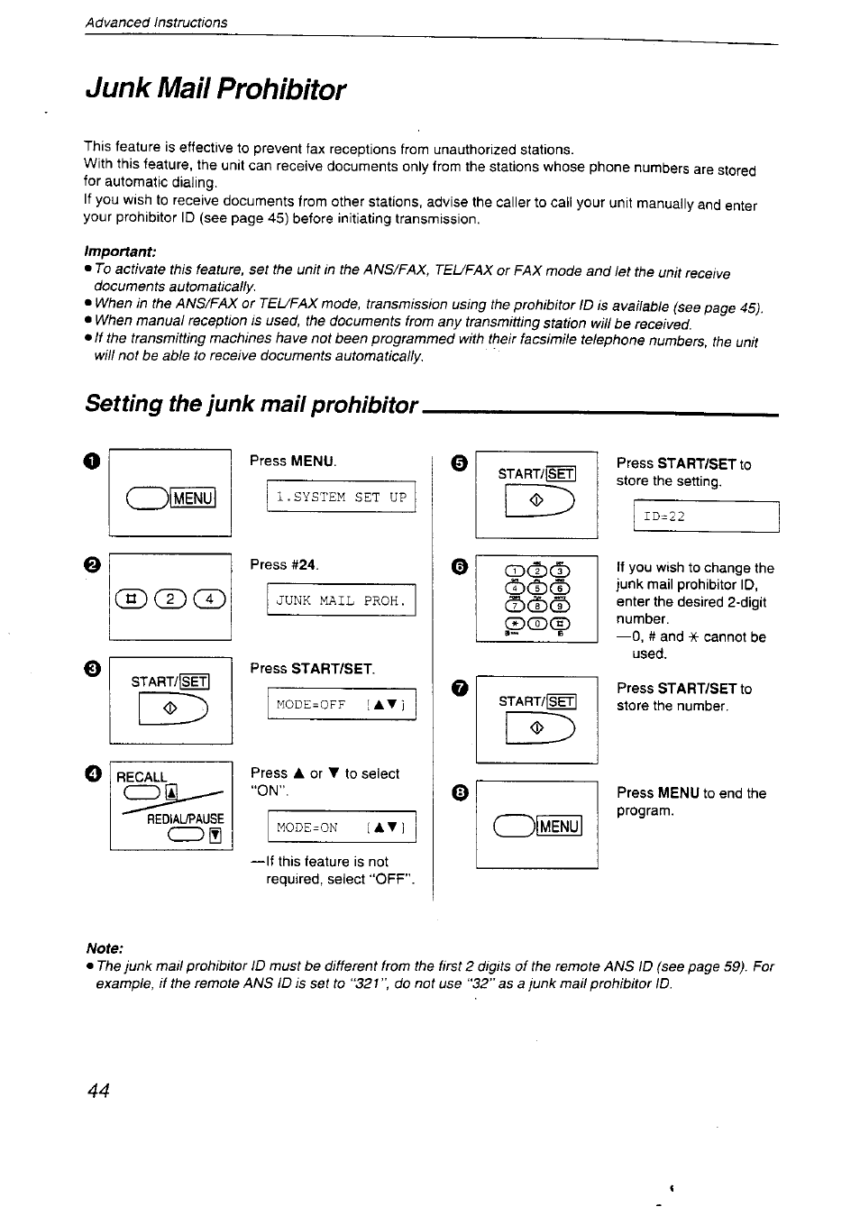 Junk mail prohibitor, Dd(dg3, Setting the junk mail prohibitor | Panasonic KX-F2710NZ User Manual | Page 44 / 82