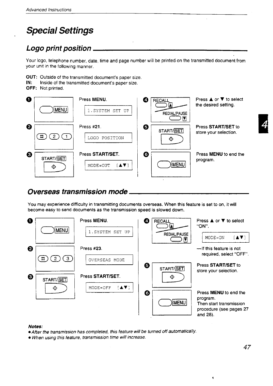 Special settings, Cdqd, Logo print position | Overseas transmission mode | Panasonic KX-F2710NZ User Manual | Page 47 / 82