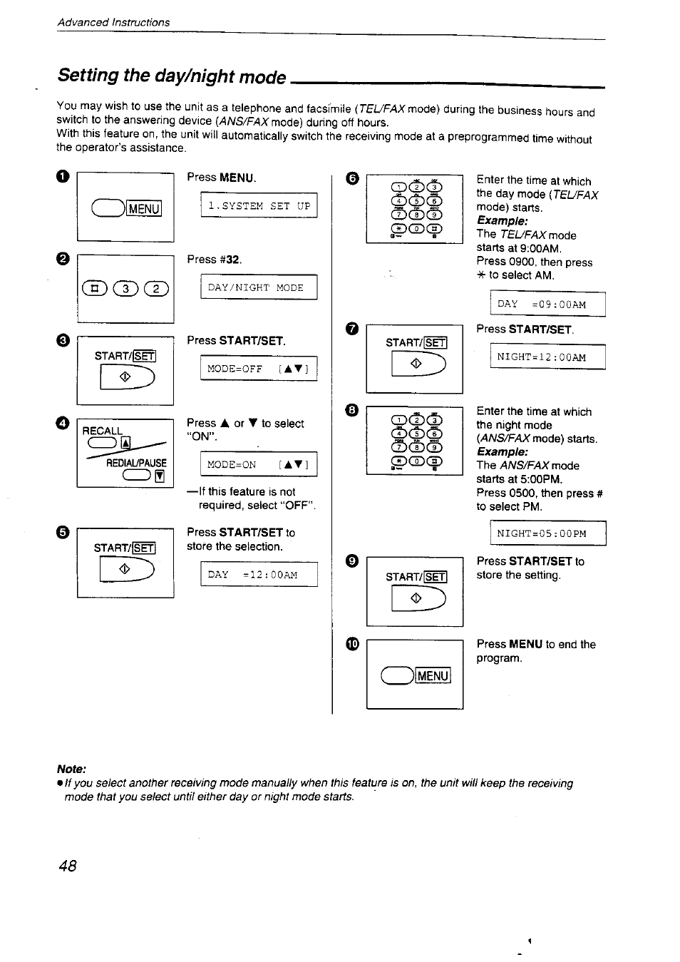 Setting the day/night mode | Panasonic KX-F2710NZ User Manual | Page 48 / 82