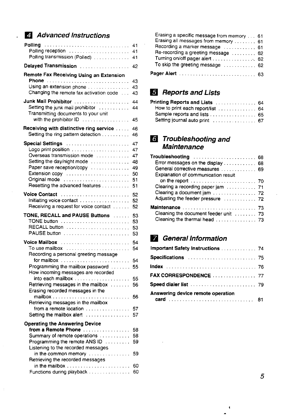 Advanced instructions, Reports and lists, Troubieshooting and maintenance | Generai information | Panasonic KX-F2710NZ User Manual | Page 5 / 82