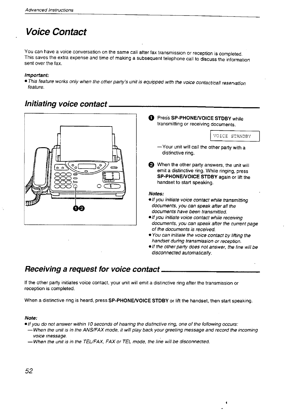 Voice contact, Initiating voice contact, Receiving a request for voice contact | Panasonic KX-F2710NZ User Manual | Page 52 / 82