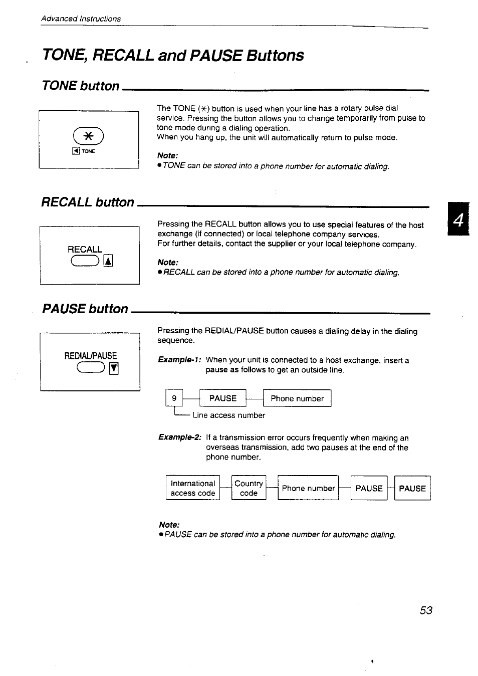 Tone, recall and pause buttons, Tone button, Recall button | Pause button | Panasonic KX-F2710NZ User Manual | Page 53 / 82