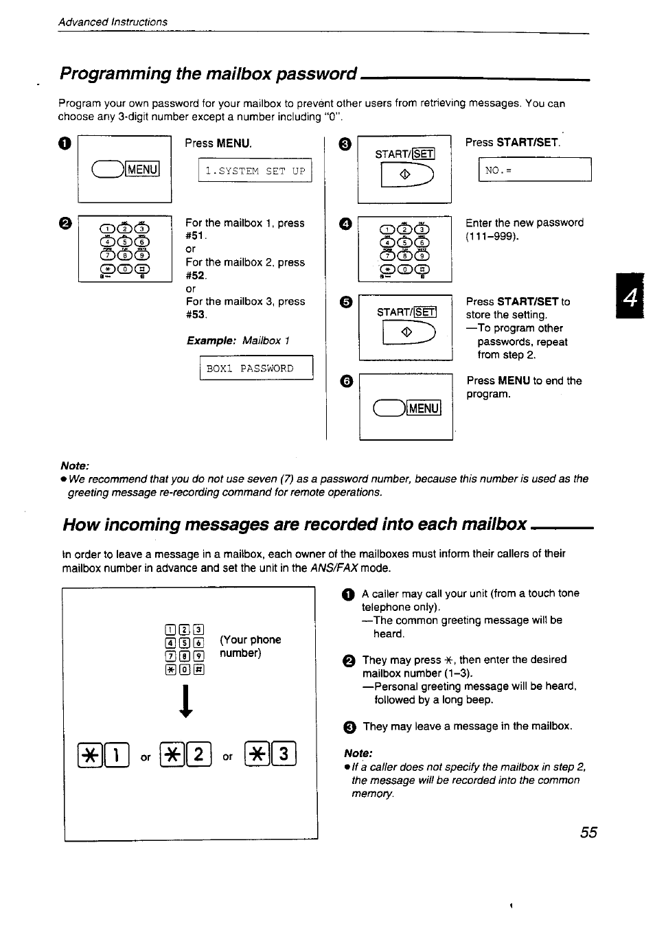 Programming the mailbox password | Panasonic KX-F2710NZ User Manual | Page 55 / 82