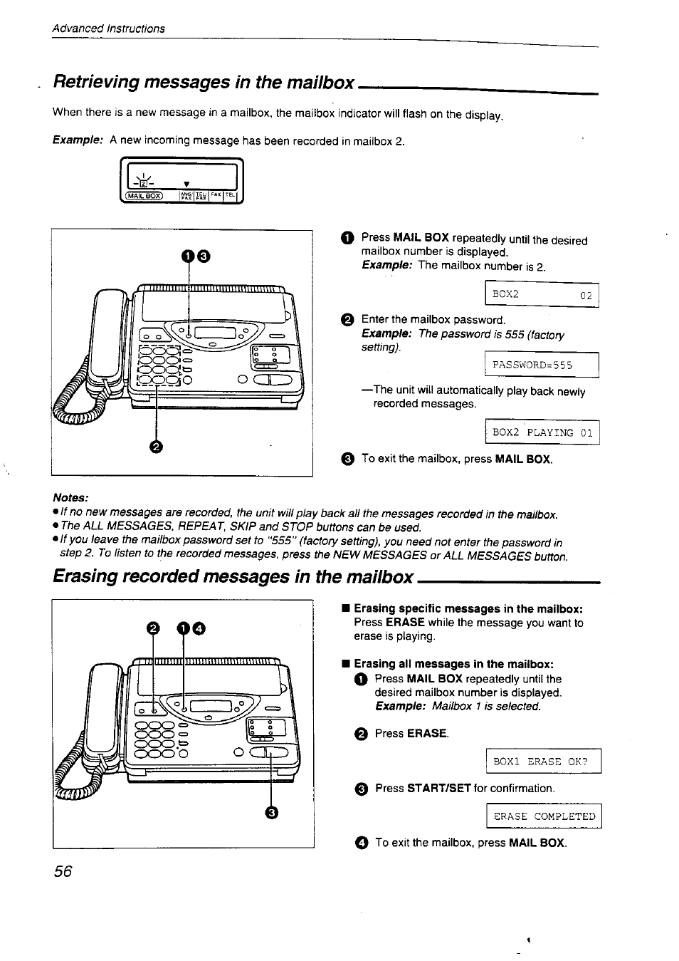 Erasing all messages in the mailbox, Retrieving messages in the mailbox, Erasing recorded messages in the mailbox | Panasonic KX-F2710NZ User Manual | Page 56 / 82