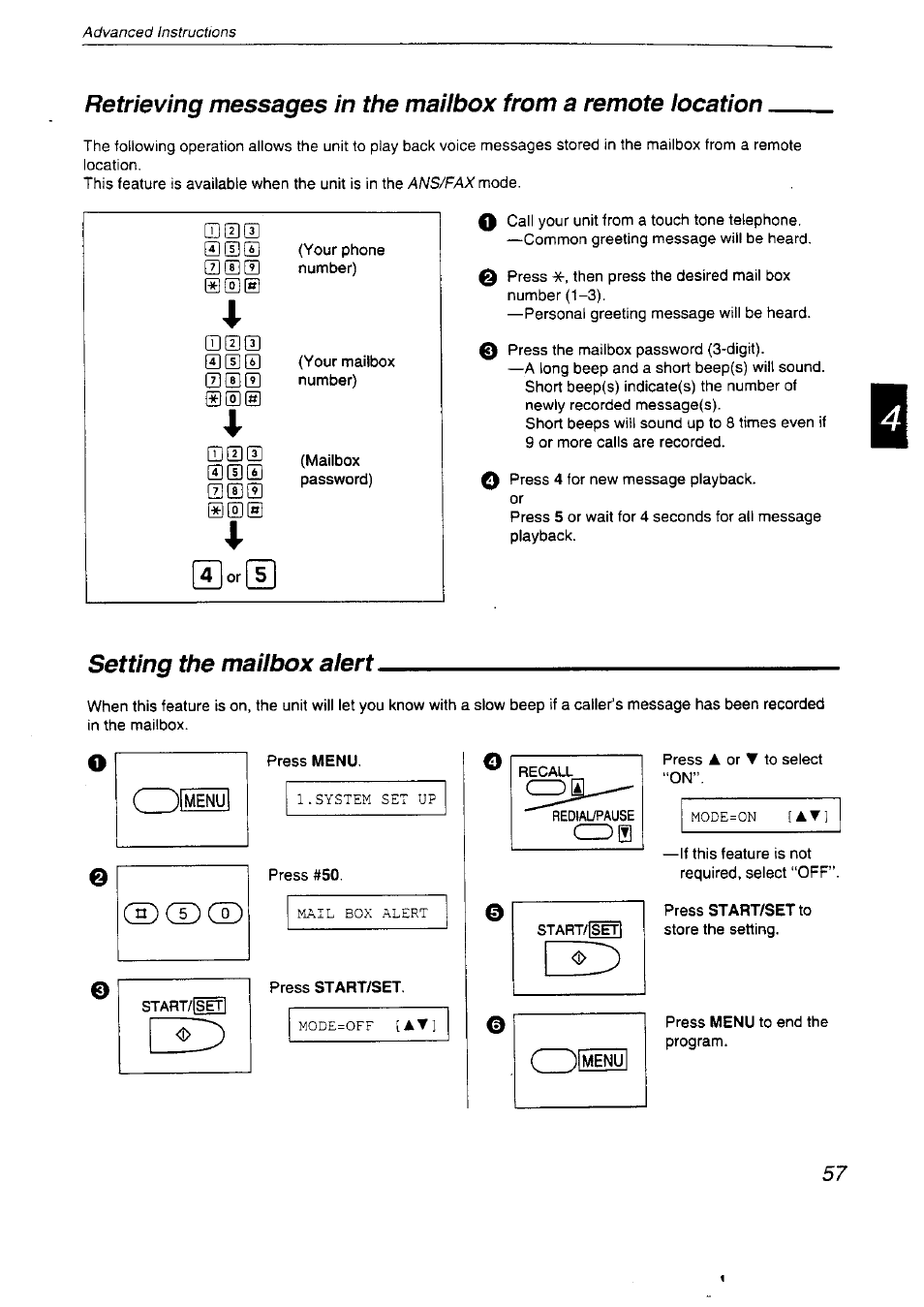 Mm® am, Ama mm, Mm® a® a | A®® x, Setting the mailbox alert | Panasonic KX-F2710NZ User Manual | Page 57 / 82