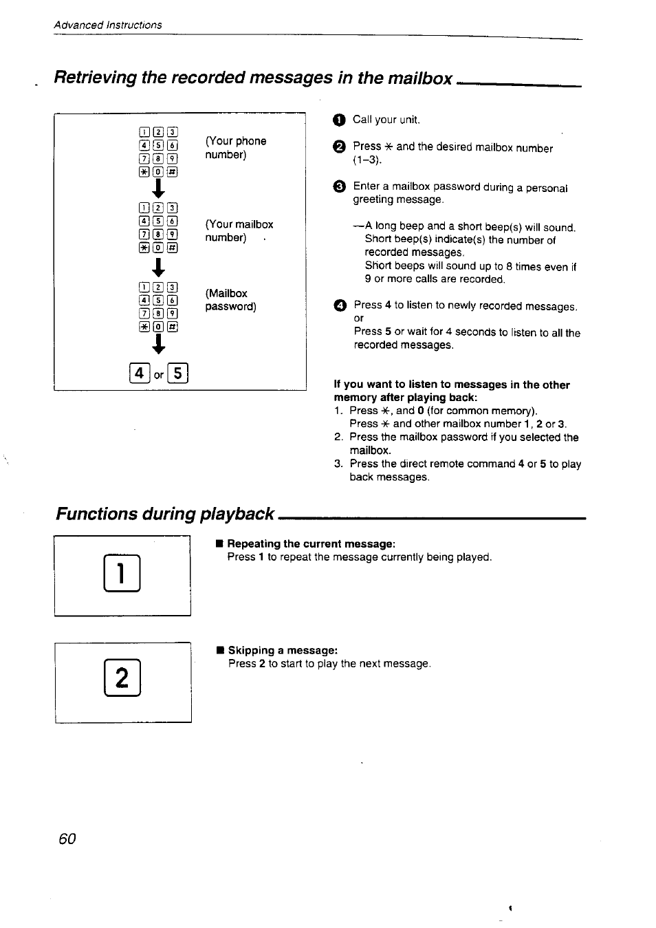 Repeating the current message, Skipping a message, Retrieving the recorded messages in the maiibox | Functions during playback | Panasonic KX-F2710NZ User Manual | Page 60 / 82