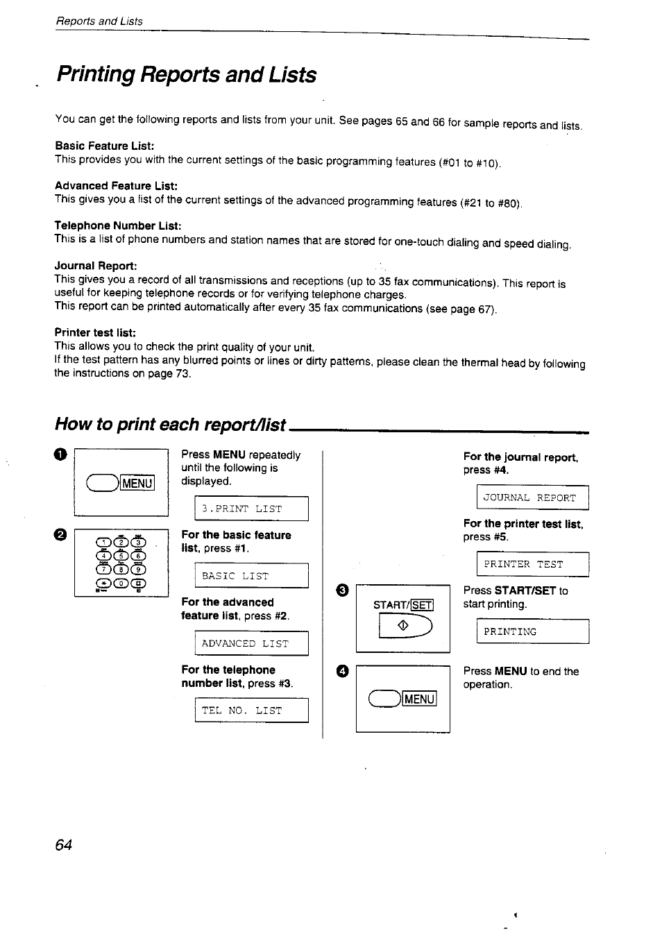 Printing reports and lists, Advanced feature list, Telephone number list | Printer test list, For the basic feature list, press #1, For the advanced feature list, press #2, For the telephone number list, press #3, For the journal report, For the printer test list, How to print each report/list | Panasonic KX-F2710NZ User Manual | Page 64 / 82