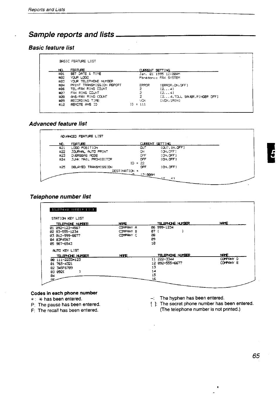Basic feature list, Advanced feature list, Telephone number list | Codes in each phone number, Advanced features, Sample reports and lists, Reports and lists | Panasonic KX-F2710NZ User Manual | Page 65 / 82