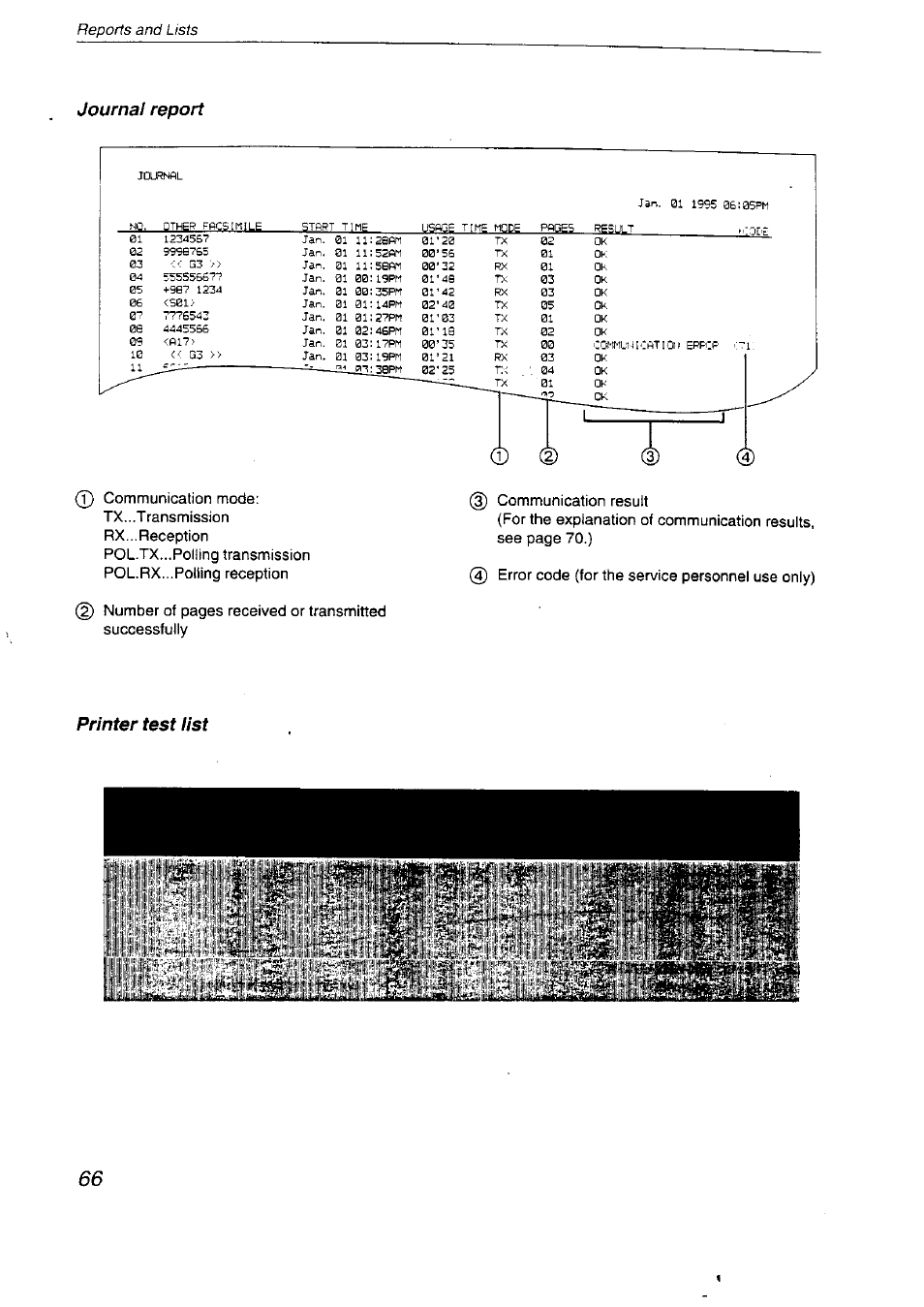 Journal report, Printer test list | Panasonic KX-F2710NZ User Manual | Page 66 / 82