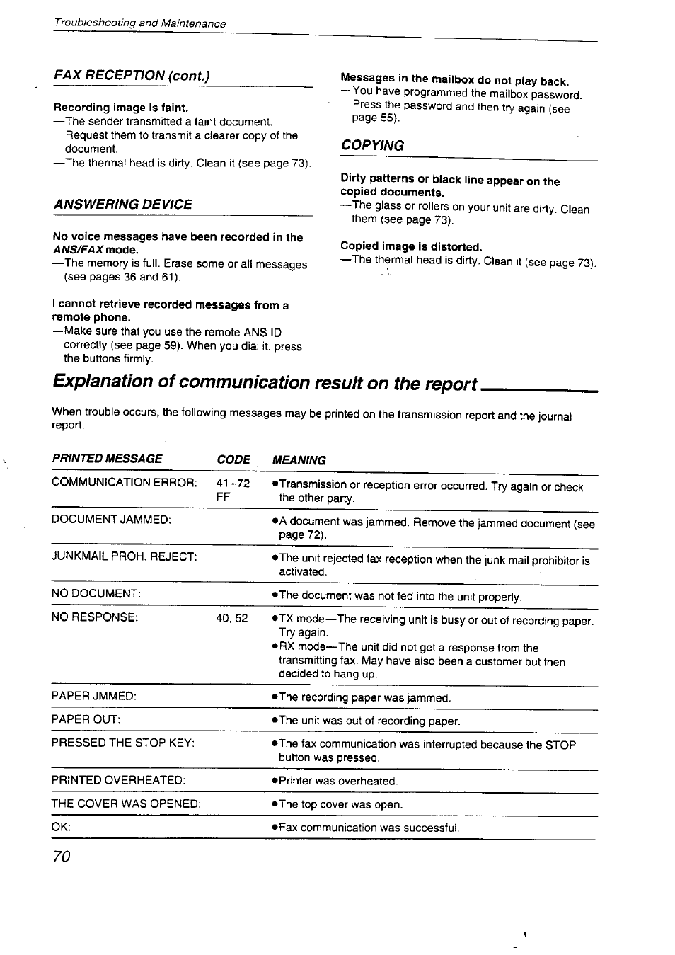 Fax reception (cont), Recording image is faint, Answering device | Messages in the mailbox do not play back, Copying, Copied image is distorted, Answering voice calls, Explanation of communication result on the report | Panasonic KX-F2710NZ User Manual | Page 70 / 82