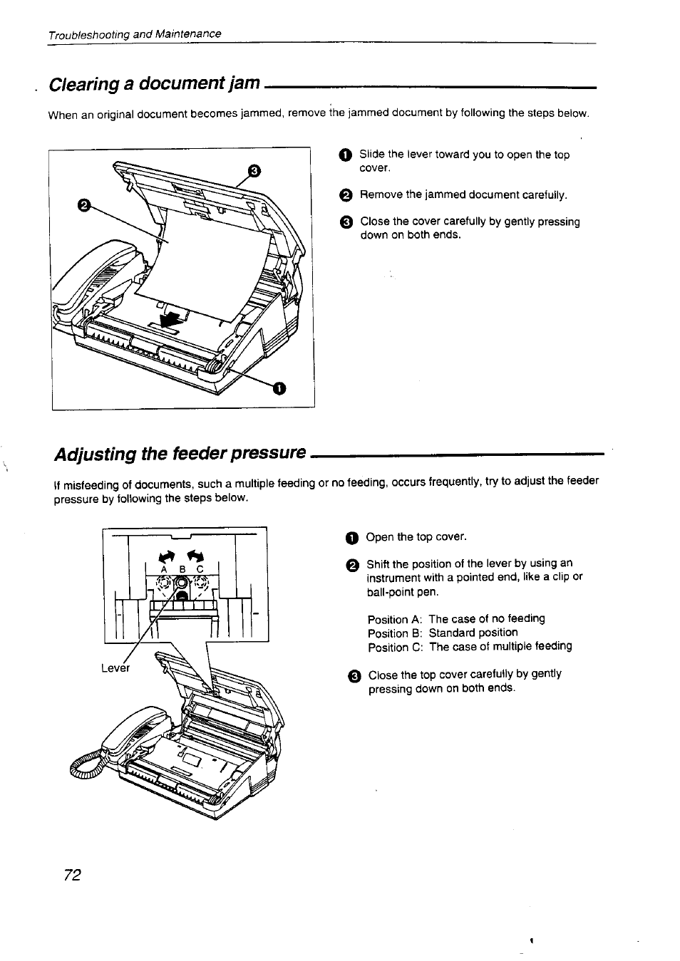 Clearing a document jam, Adjusting the feeder pressure | Panasonic KX-F2710NZ User Manual | Page 72 / 82
