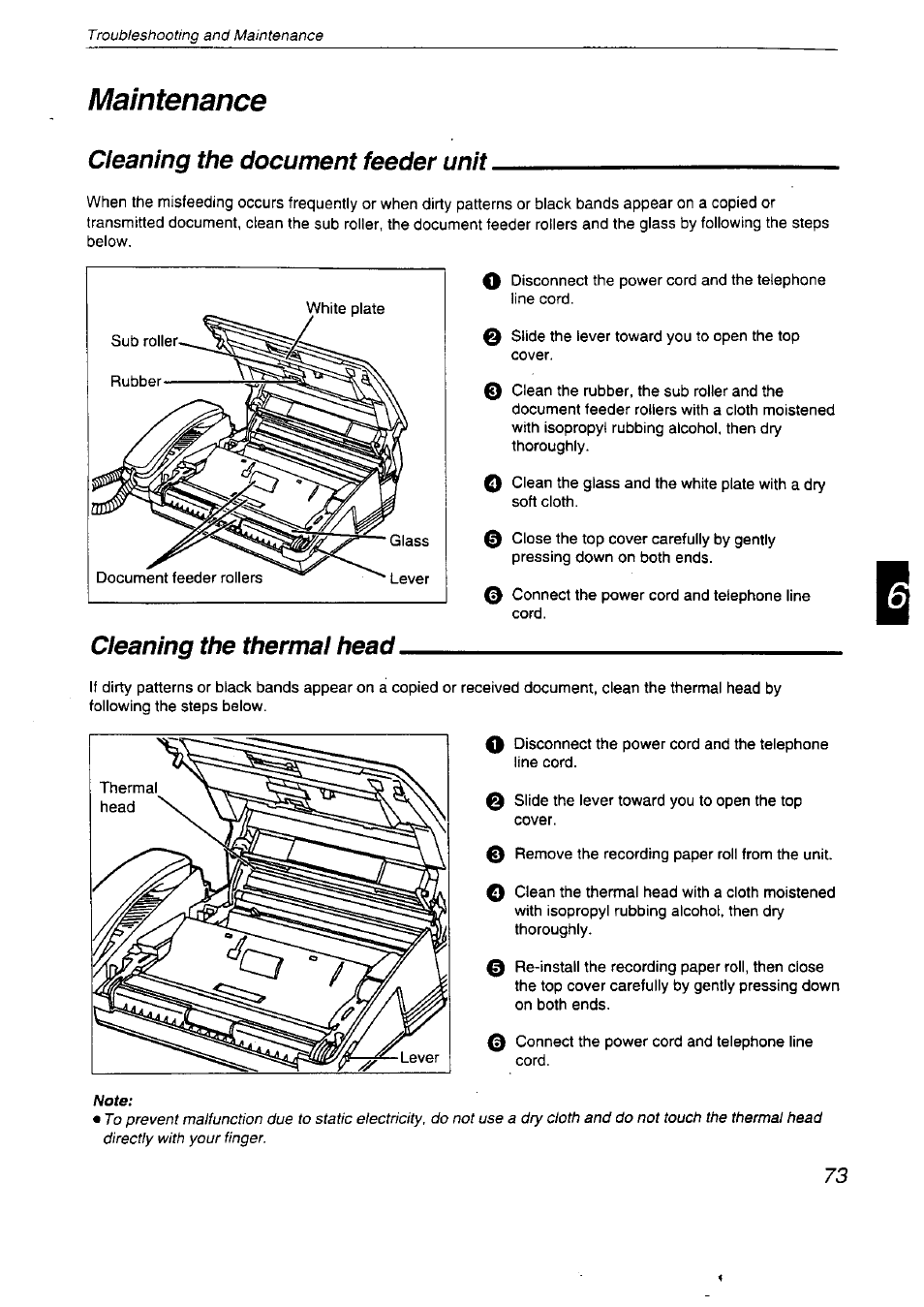 Maintenance, Cleaning the document feeder unit, Cleaning the thermal head | Panasonic KX-F2710NZ User Manual | Page 73 / 82