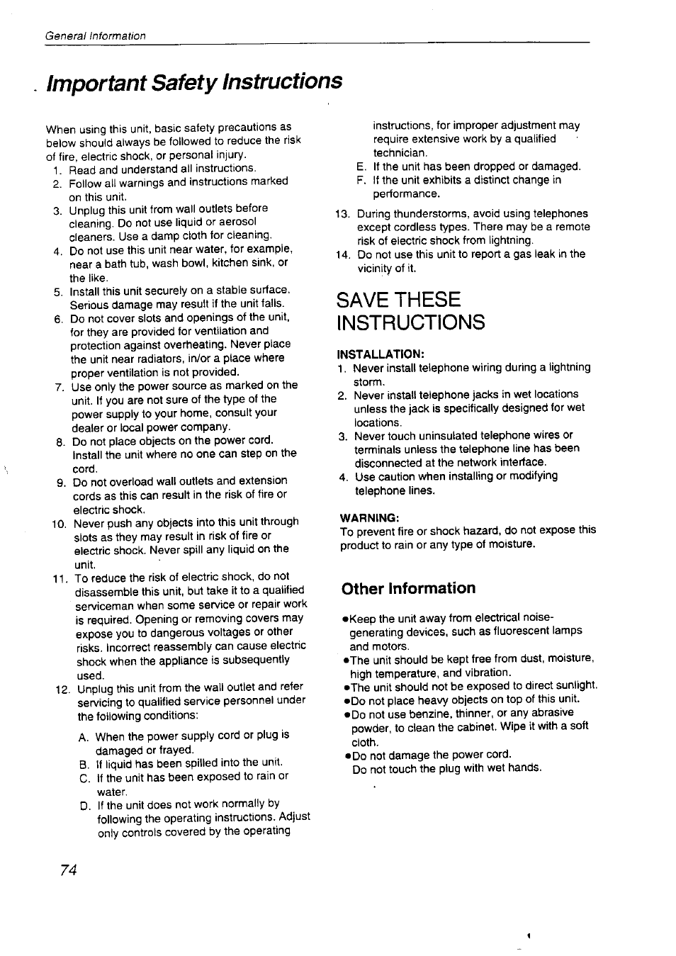 Important safety tnstructions, Installation, Warning | Other information, Important safety instructions, Save these instructions | Panasonic KX-F2710NZ User Manual | Page 74 / 82