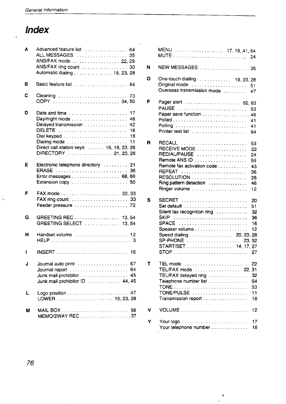 Index | Panasonic KX-F2710NZ User Manual | Page 76 / 82