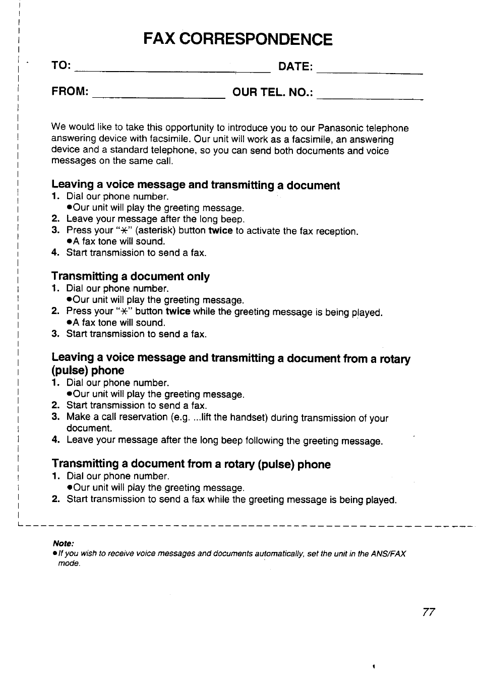Date, Our tel. no, Transmitting a document only | Transmitting documents manually, Fax correspondence | Panasonic KX-F2710NZ User Manual | Page 77 / 82