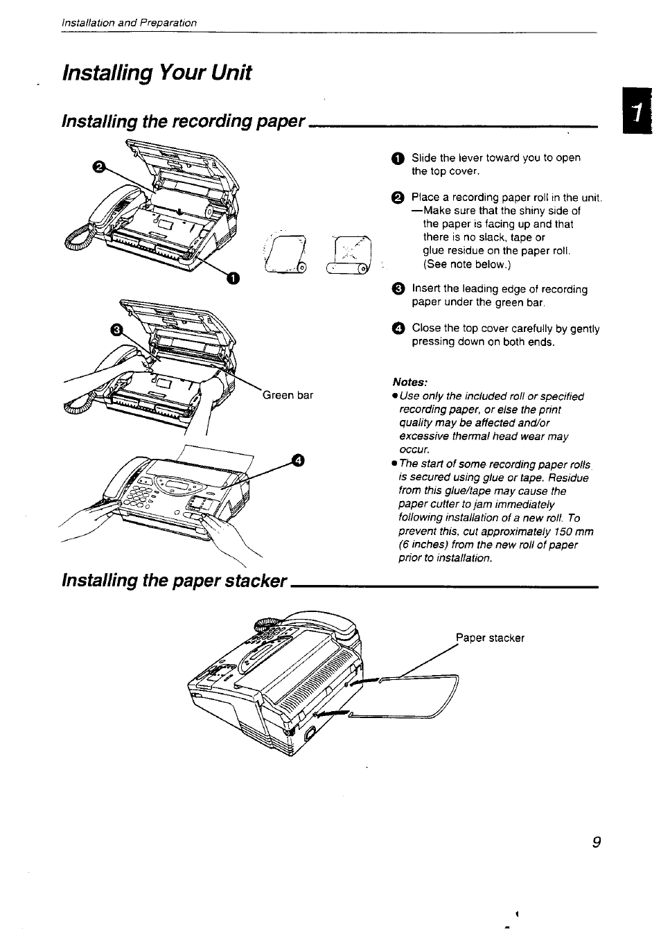 Installing your unit, Installing the recording paper, Installing the paper stacker | Panasonic KX-F2710NZ User Manual | Page 9 / 82
