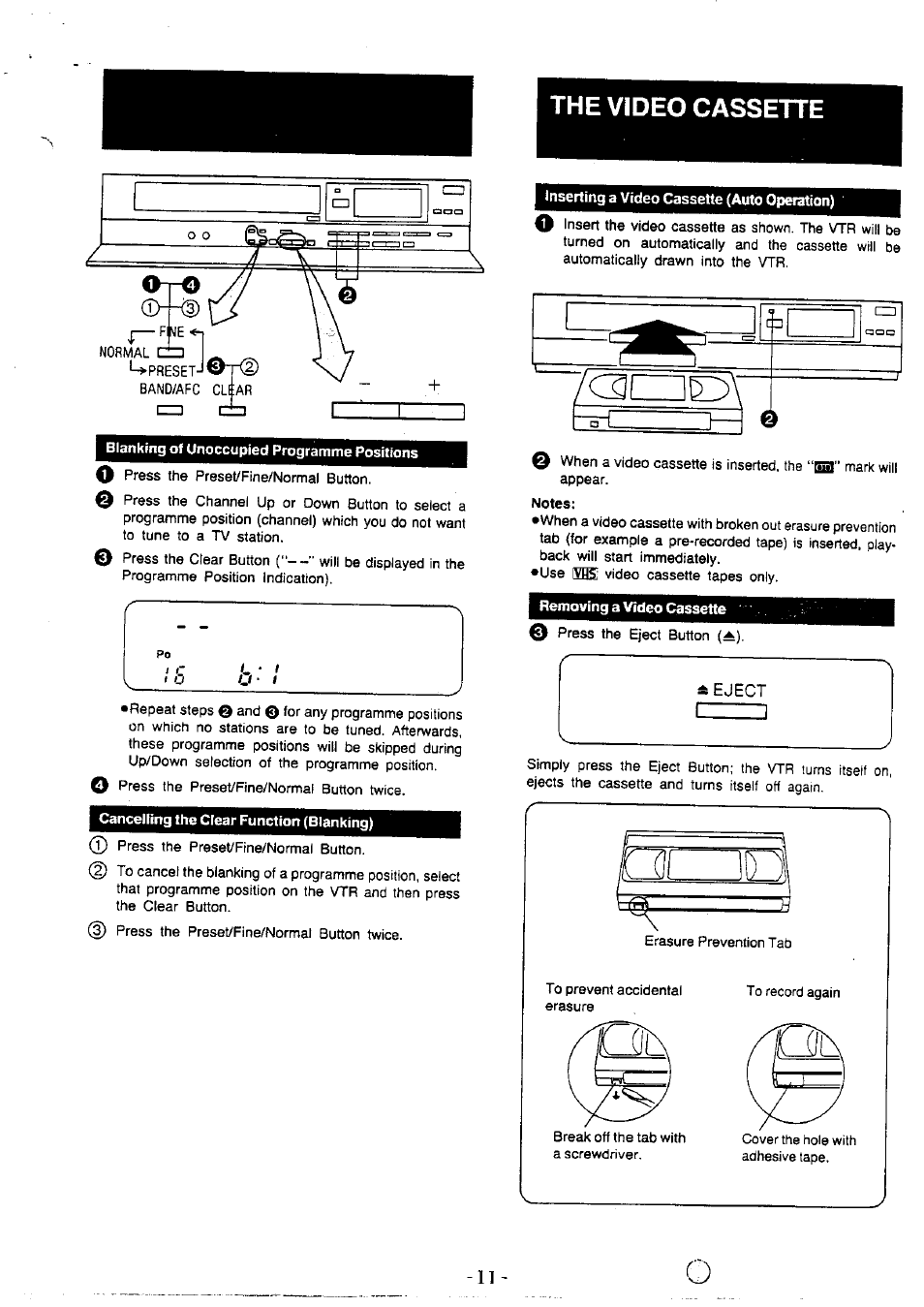 The video cassette, Cancelling the clear function (blanking), Inserting a video cassette (auto operation) | Notes, Removing a video cassette | Panasonic NVG40 User Manual | Page 11 / 26
