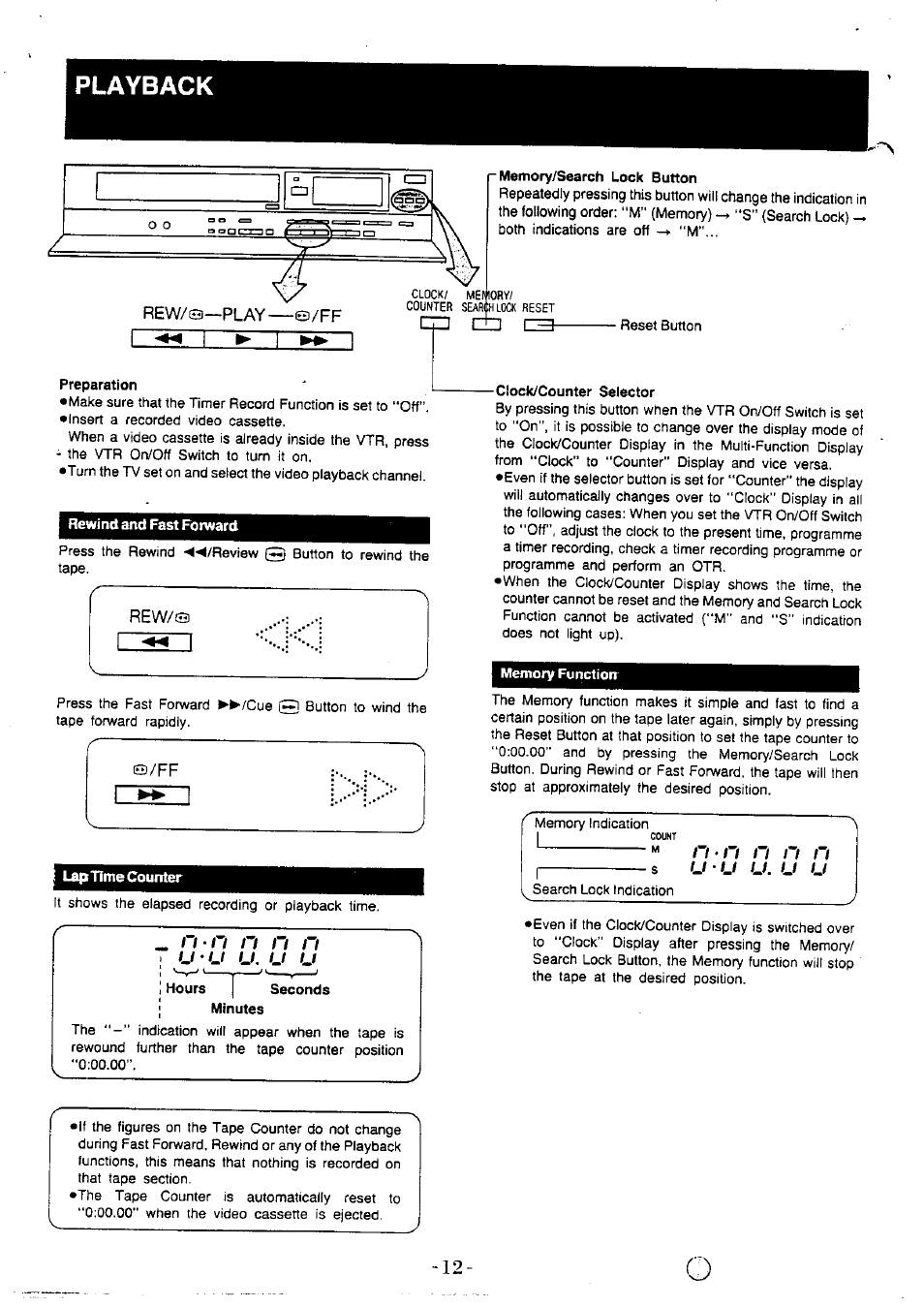 Playback, P memory/search lock button, Preparation | Rewind and fast forward, Lap time counter, Clock/counter selector, Memory functiorr, U ' u, U ^ u u , u u, Rew/a—play—a/ff | Panasonic NVG40 User Manual | Page 12 / 26